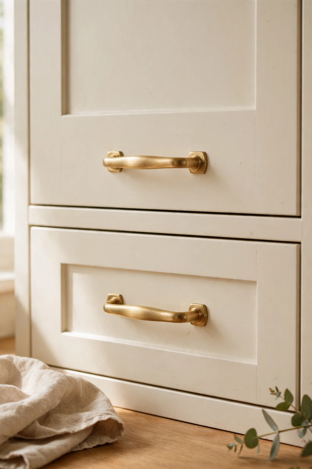 Brass drawer pulls on warm white kitchen cabinets