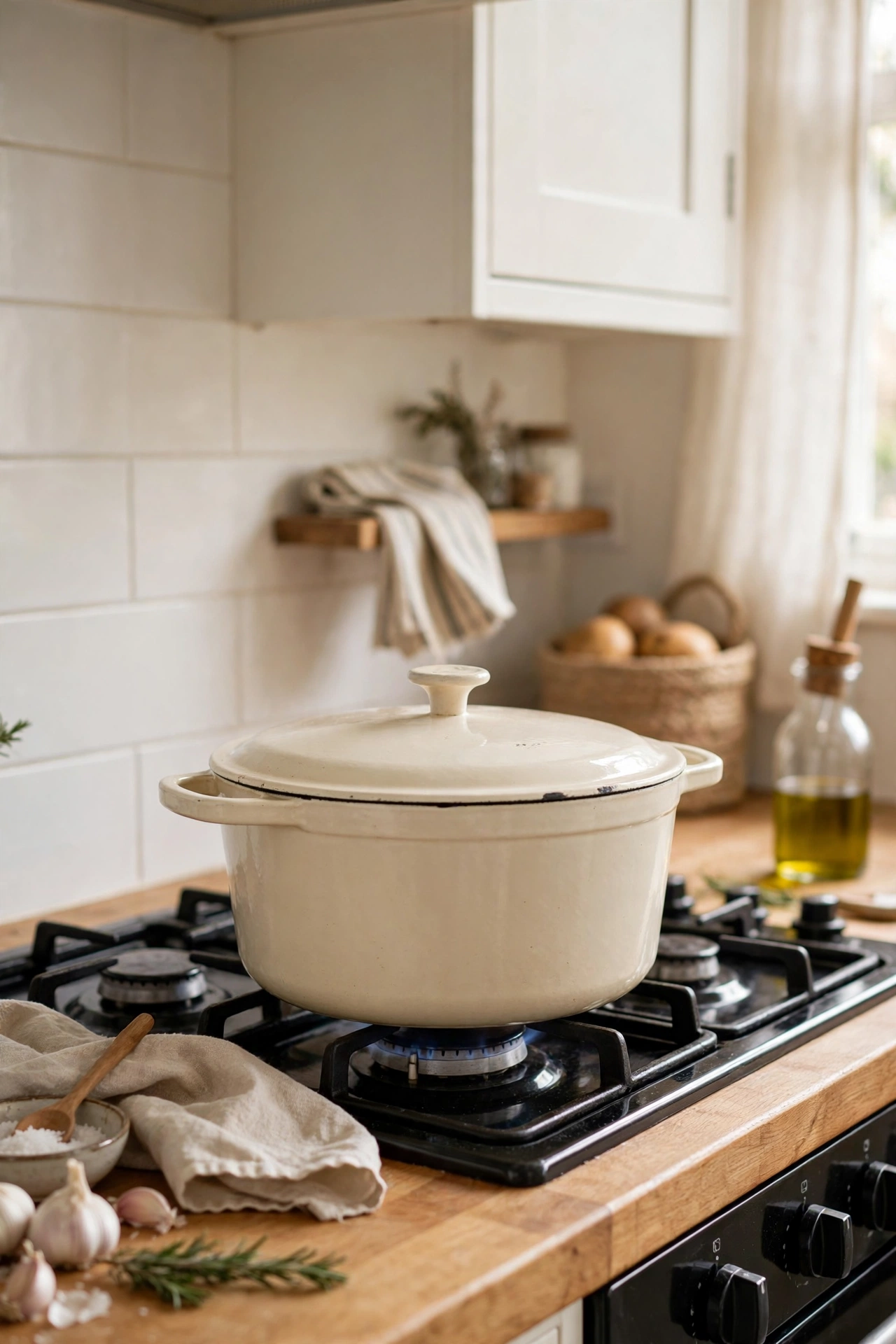 Ivory enamelled Dutch oven on a hob in a warm white kitchen