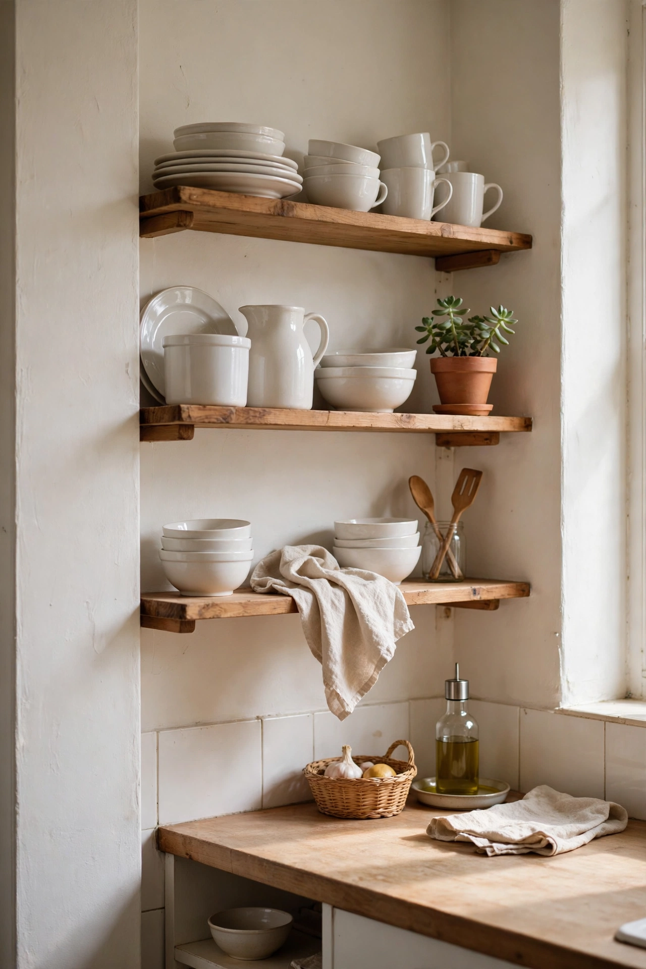 Open shelves painted warm white styled with crockery