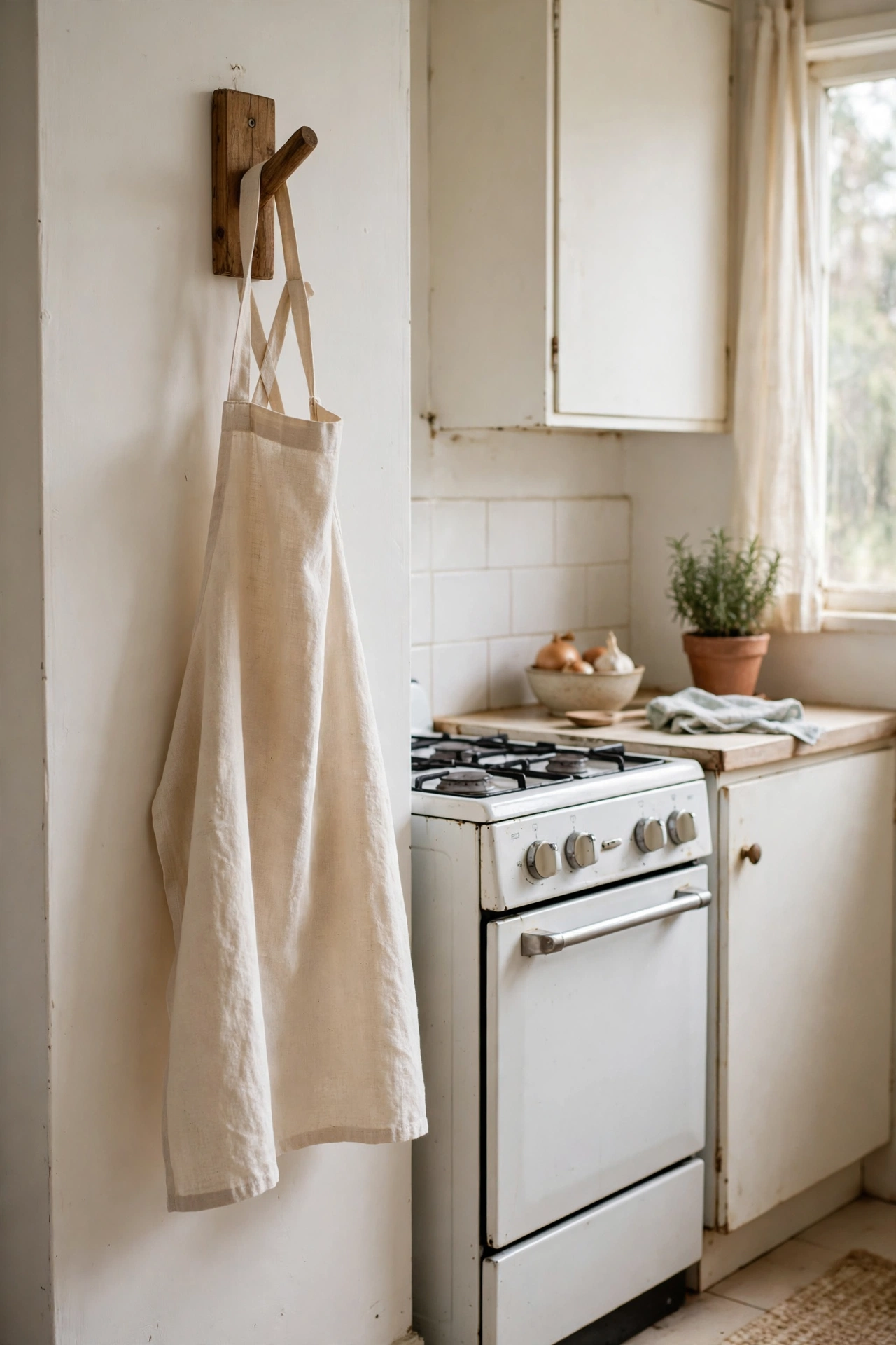 Cream linen apron hanging on a wooden peg in a kitchen