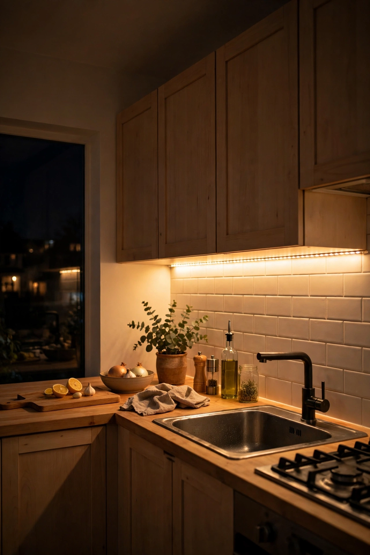 Warm LED strip lighting under kitchen wall cabinets at night