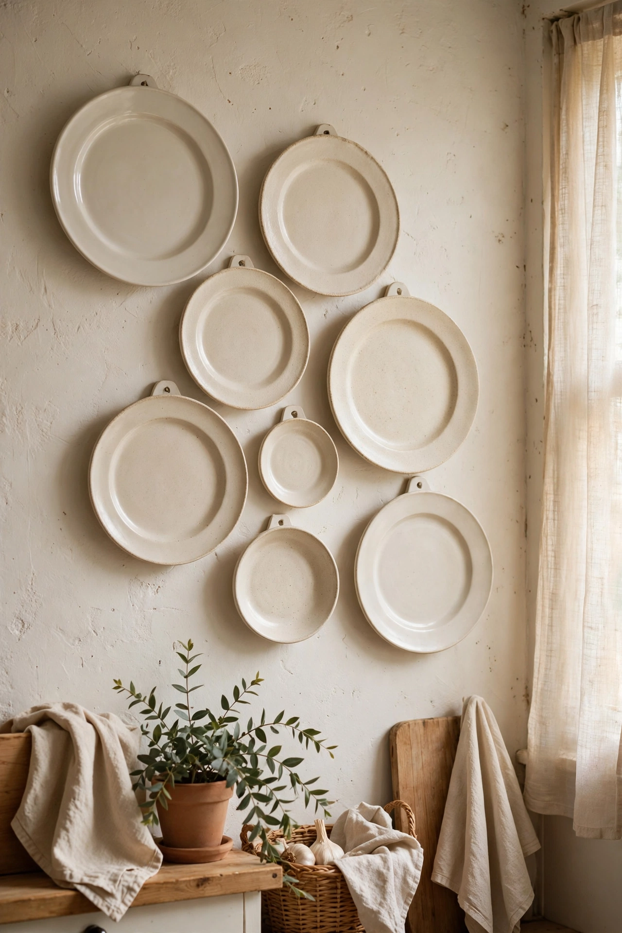 Plate wall of ivory and cream stoneware plates in a kitchen