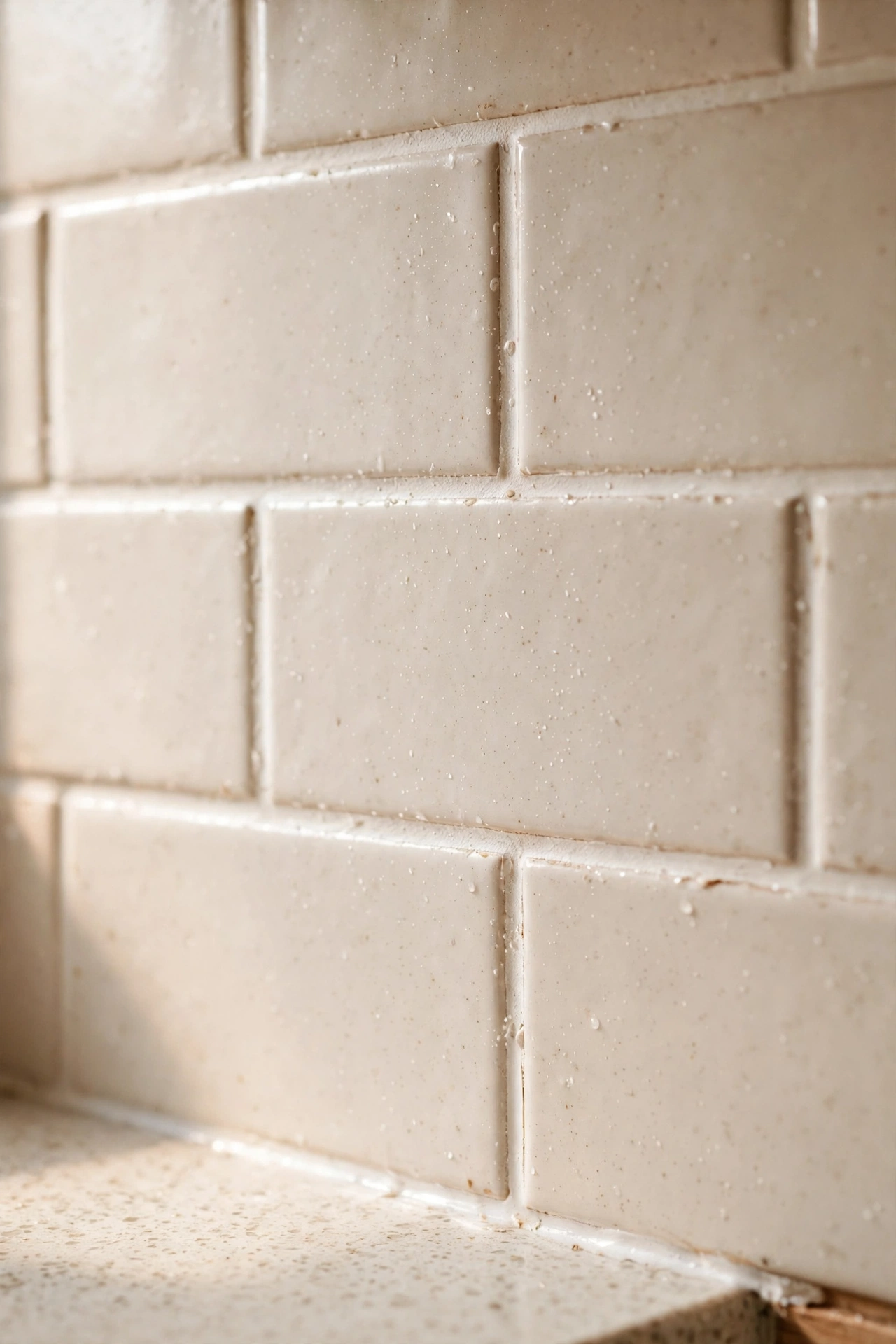 Freshly whitened grout on a kitchen tile backsplash