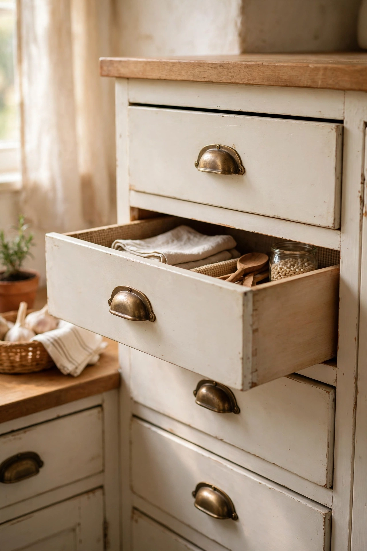 Antique brass bin pulls on warm white vintage kitchen drawers