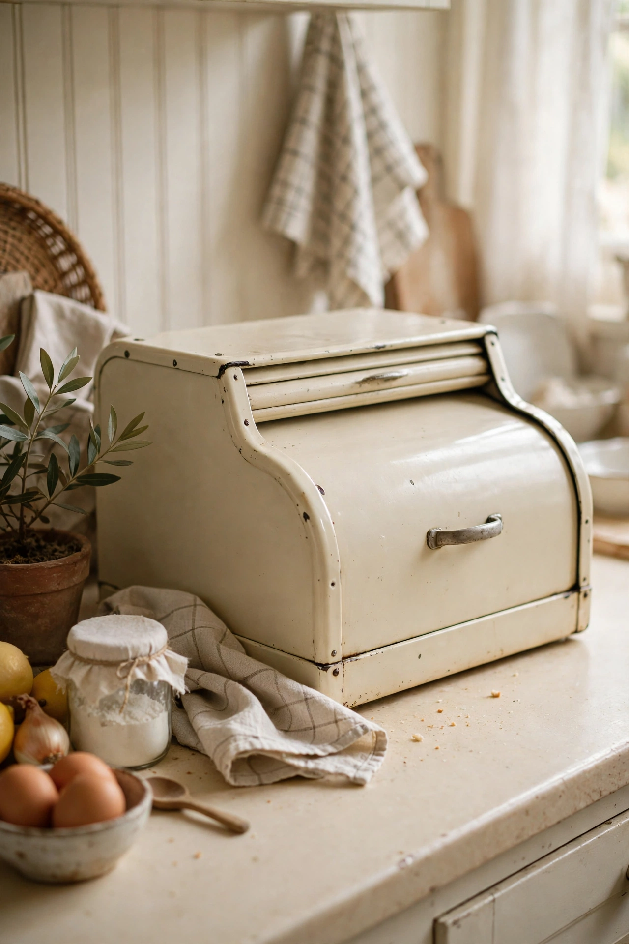Vintage cream enamel bread box on a warm white kitchen counter