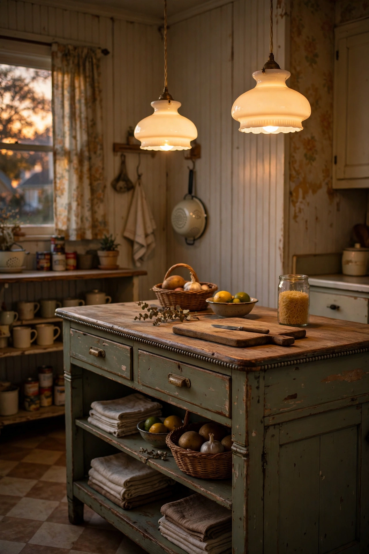 Milk glass pendant shades glowing over a vintage kitchen island