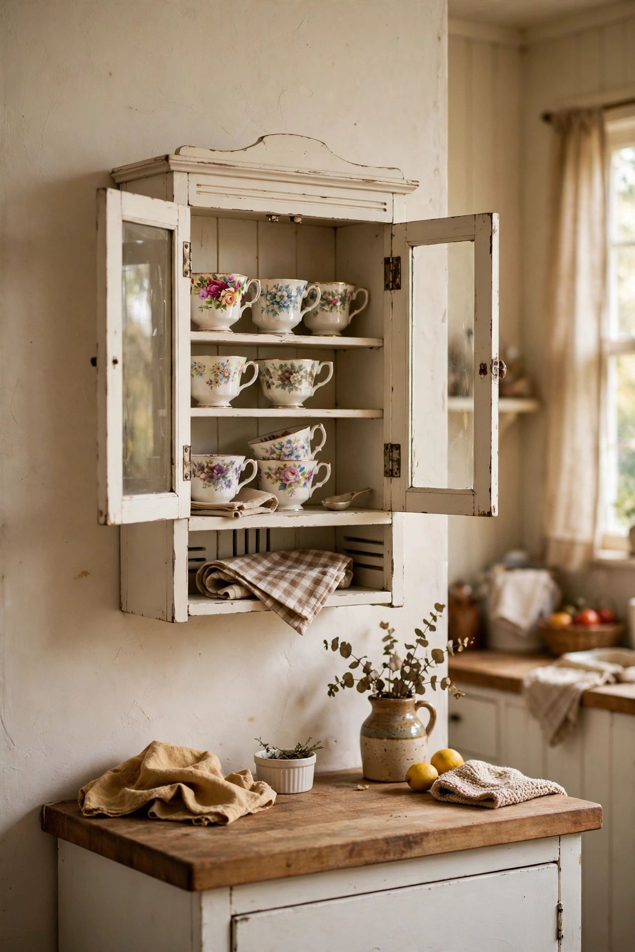 Thrifted Hoosier style wall cabinet painted warm white holding teacups
