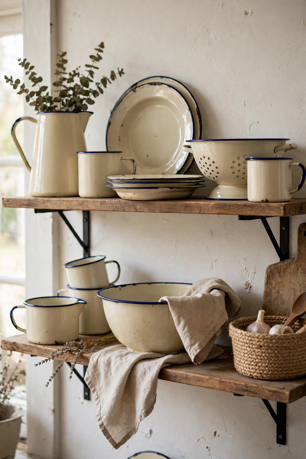 Vintage cream enamelware displayed on an open kitchen shelf