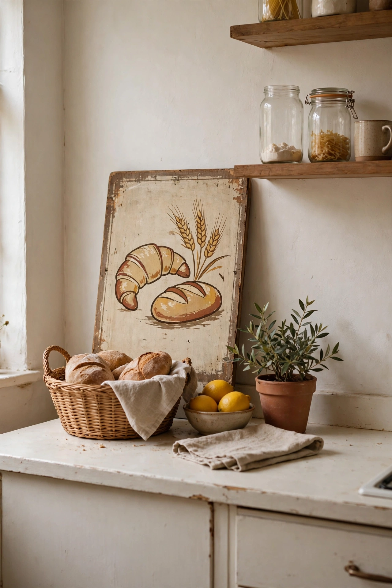 Vintage style hand painted BAKERY sign in a warm white kitchen