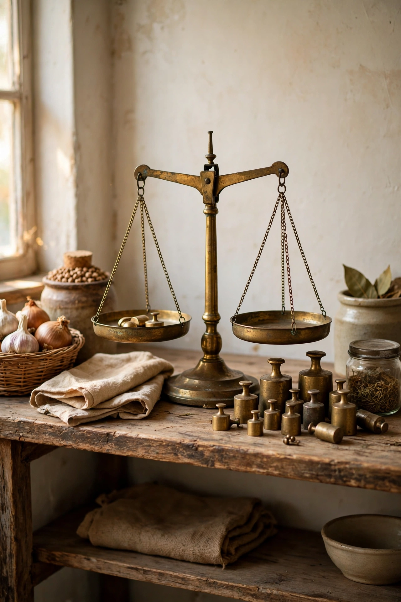 Old brass kitchen scale used as decor on a kitchen shelf