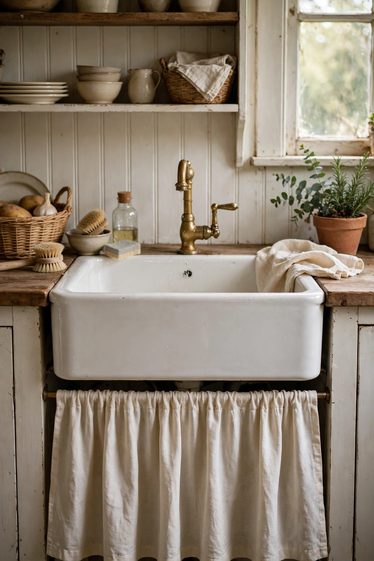 Cream sink skirt on a tension rod under a vintage style kitchen sink