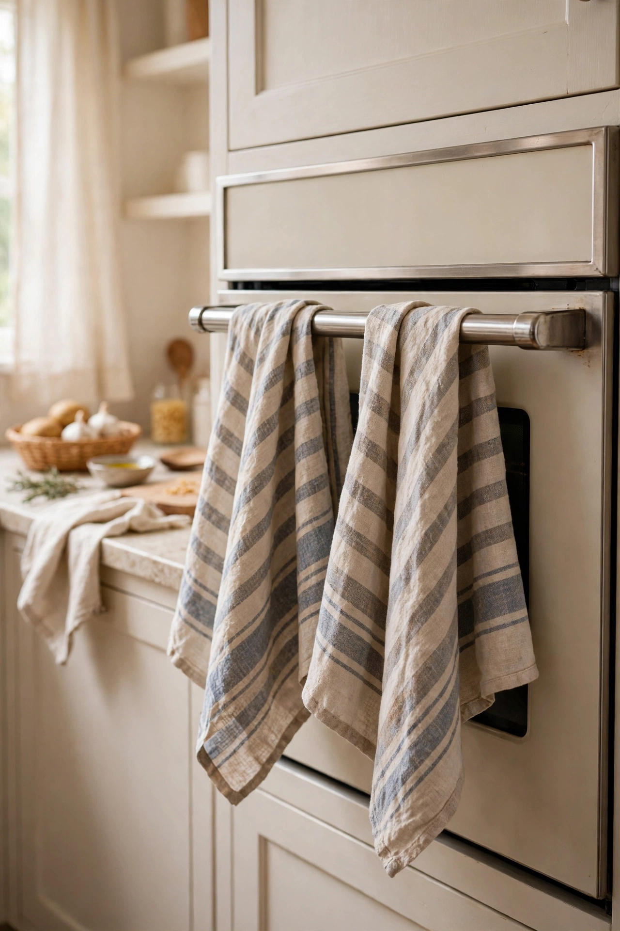 Vintage striped linen tea towels on an oven handle