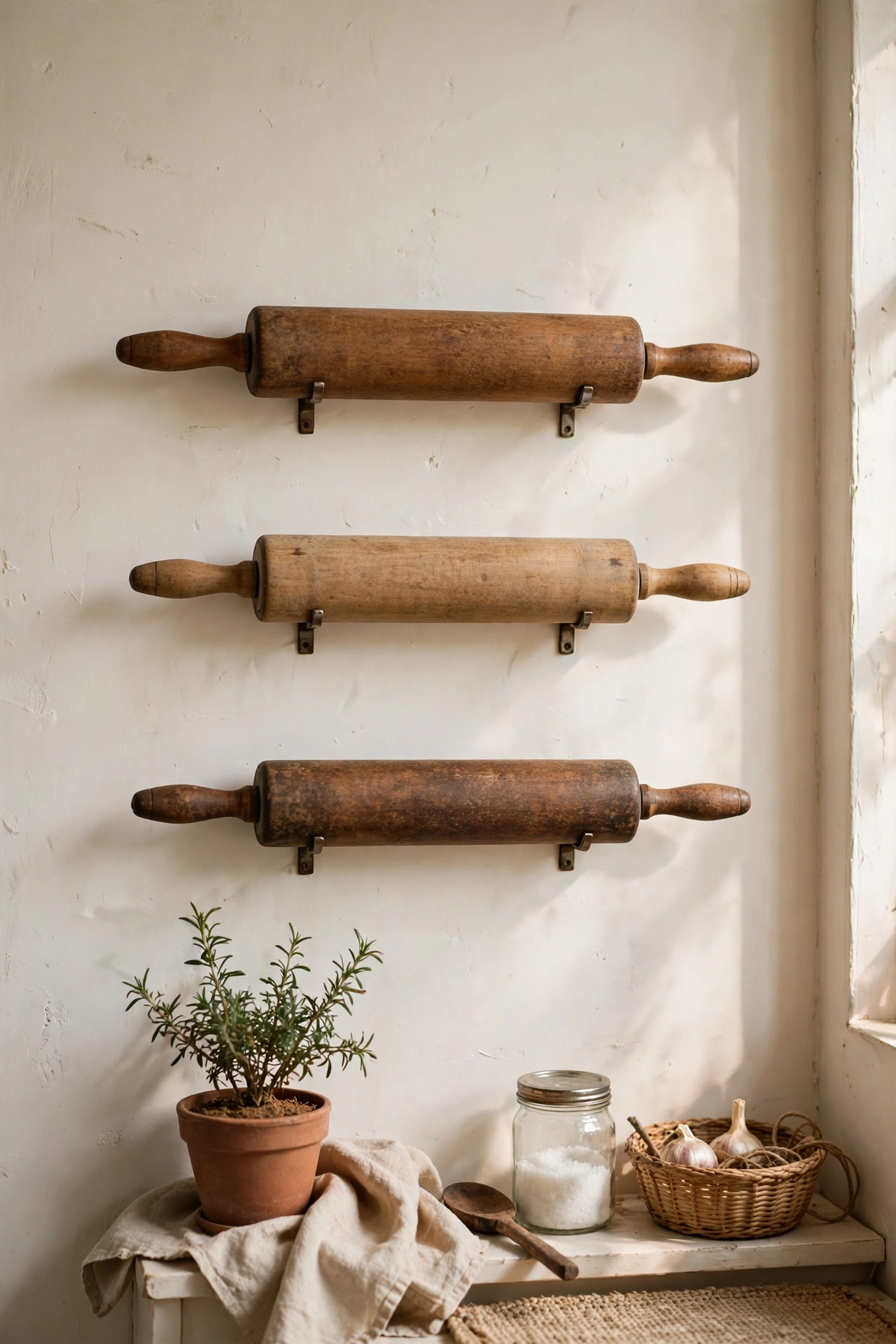 Wooden rolling pins displayed on a vintage kitchen wall