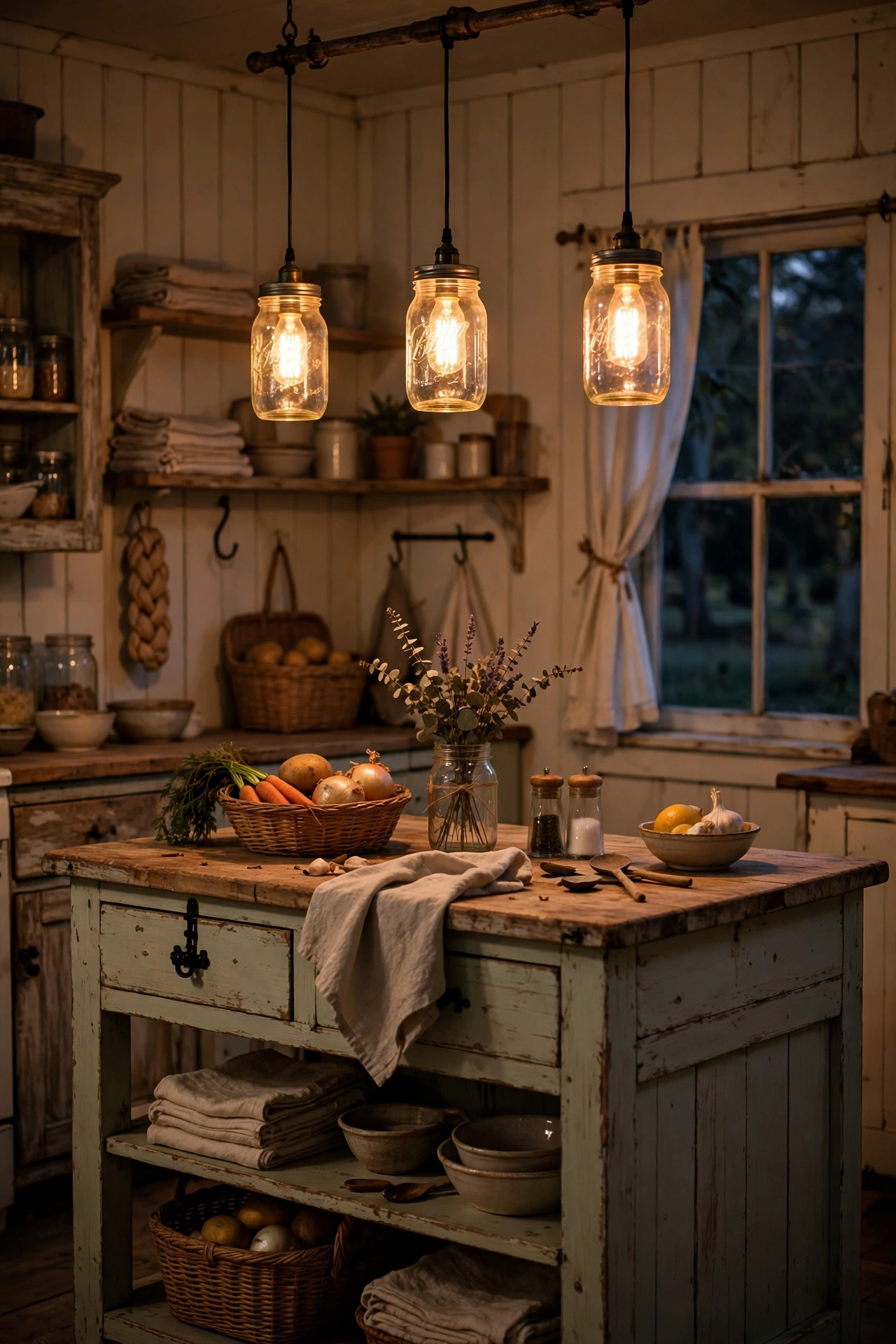 Mason jar pendant lights over a vintage kitchen island