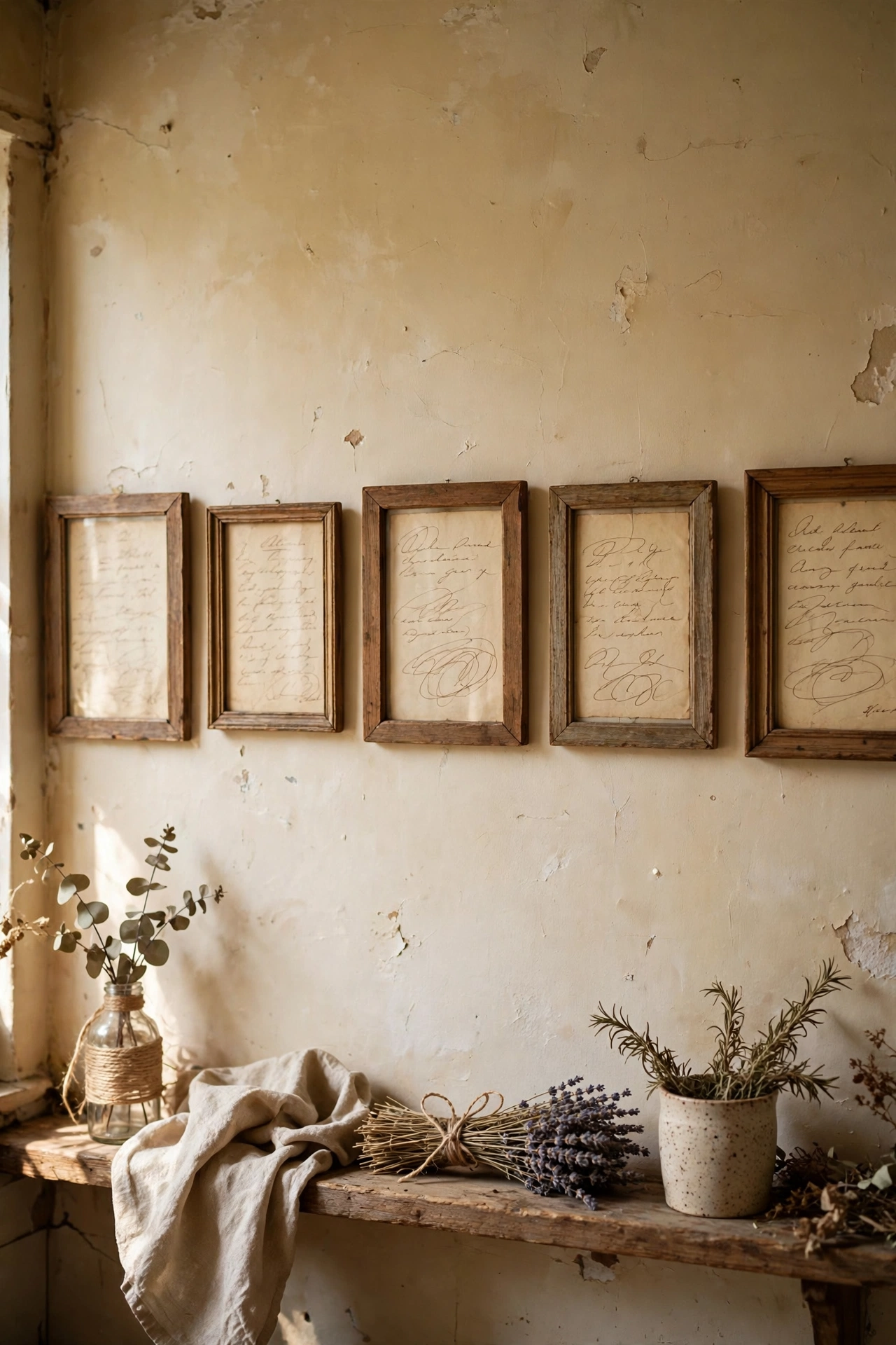 Framed vintage handwritten recipe cards on a kitchen wall