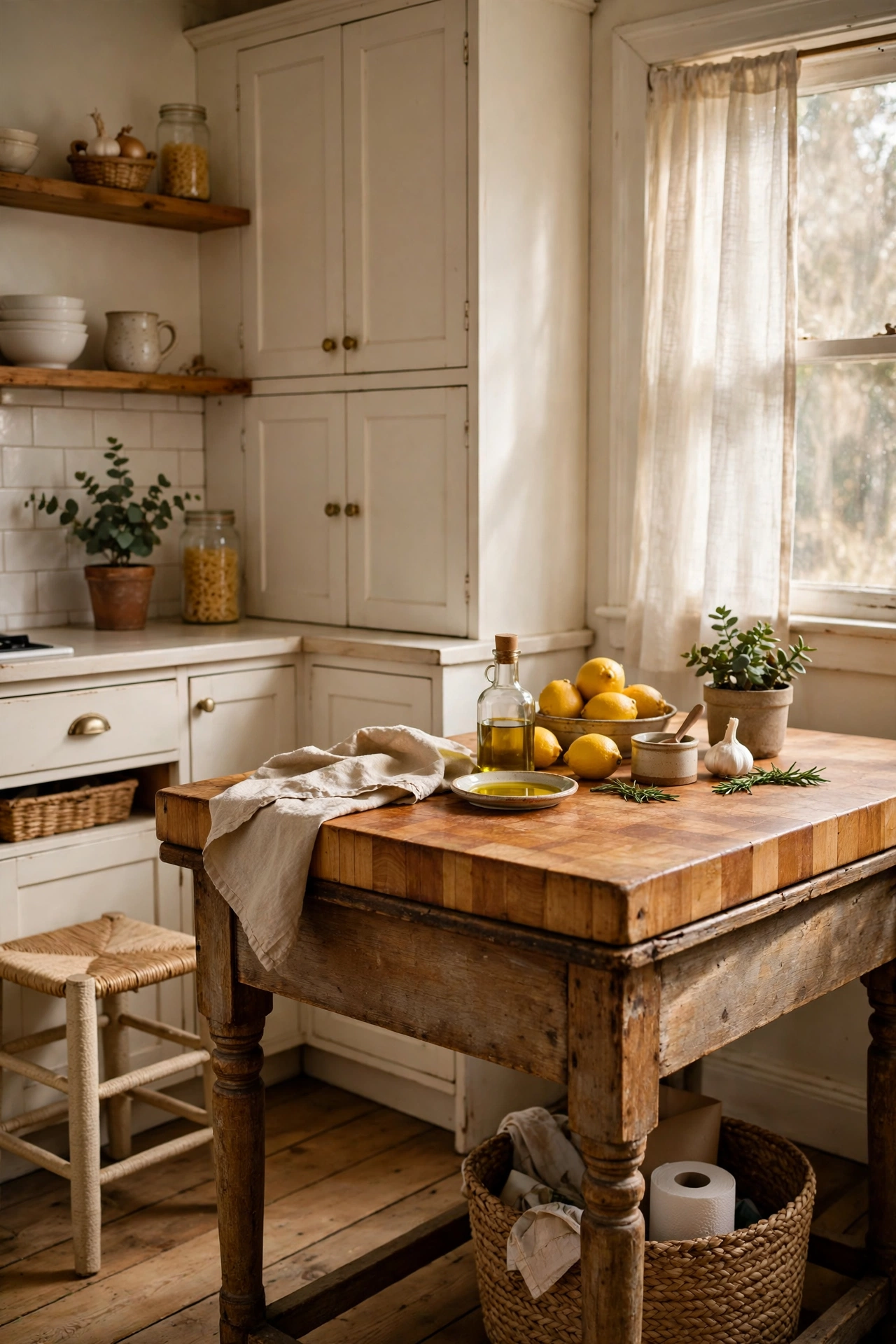 Thrifted wooden table used as a butcher block kitchen island