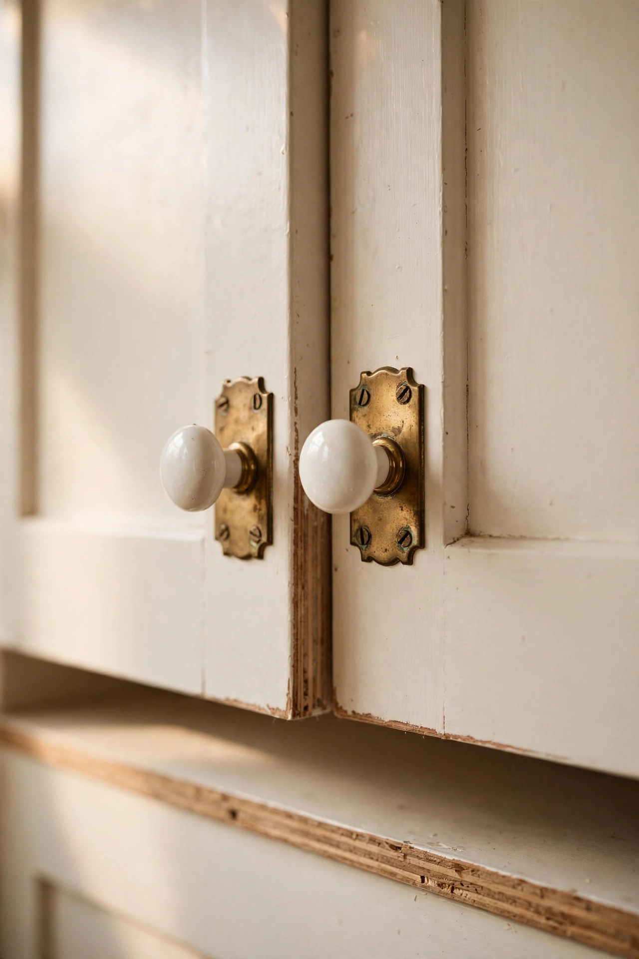 White porcelain knobs with brass backplates on kitchen cabinets