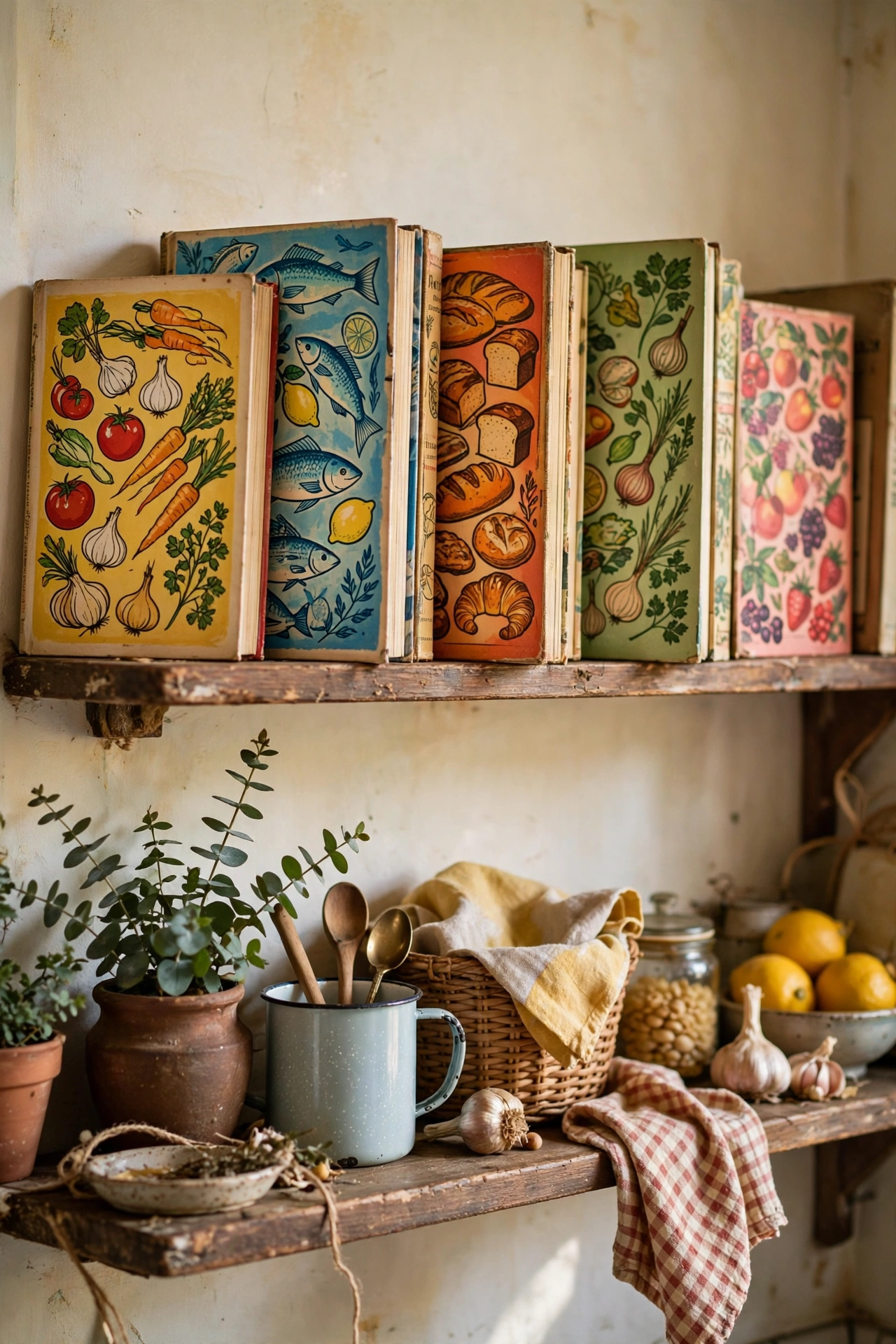 Shelf of vintage cookbooks with illustrated covers in a kitchen