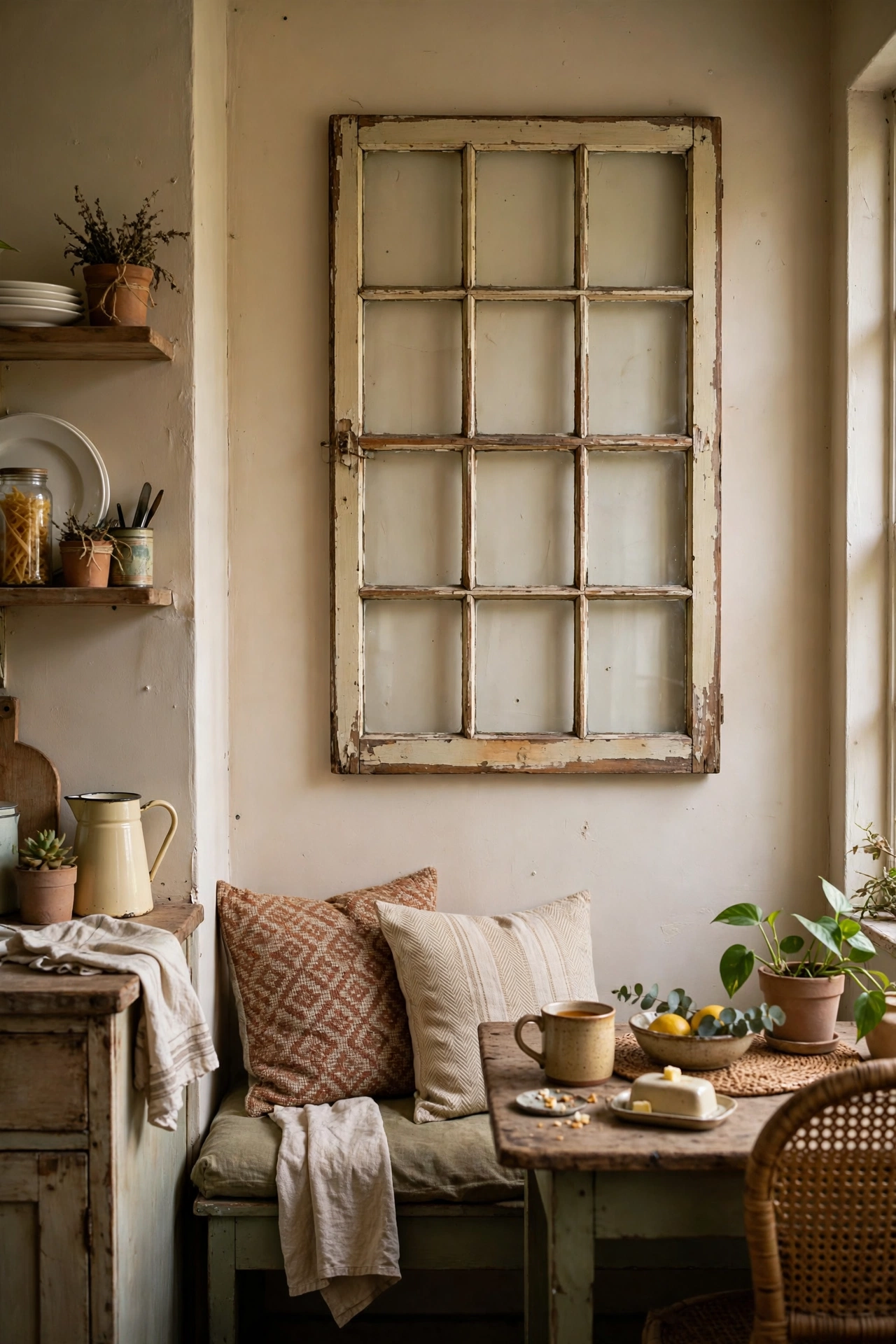 Old multi-pane window frame hung as decor on a kitchen wall