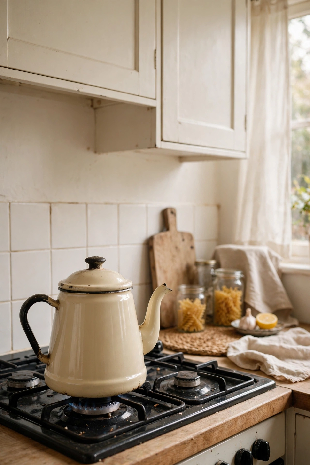 Cream vintage enamel kettle on a hob