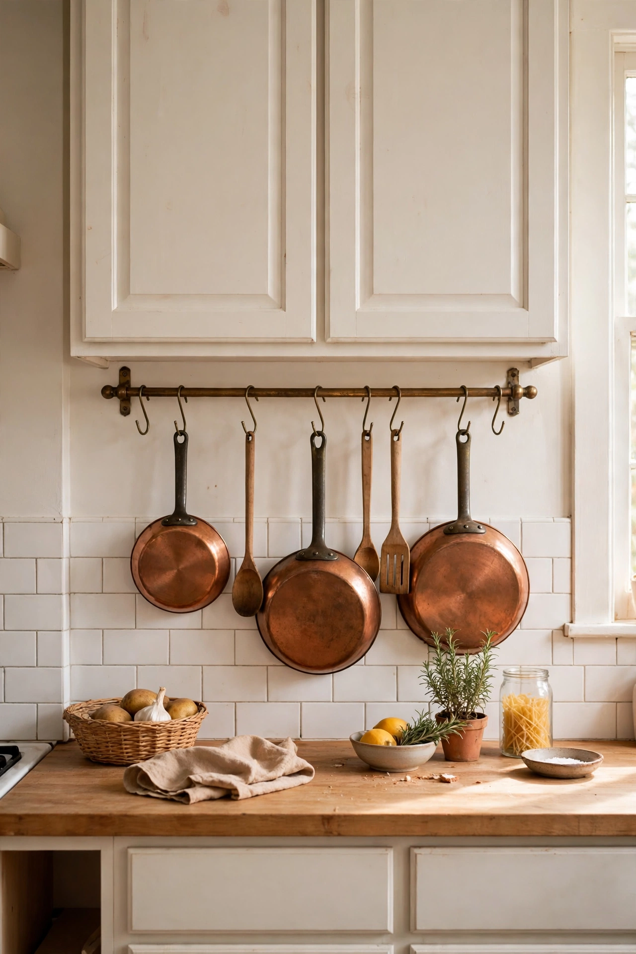 Antique brass rail with S-hooks holding copper pans in a kitchen