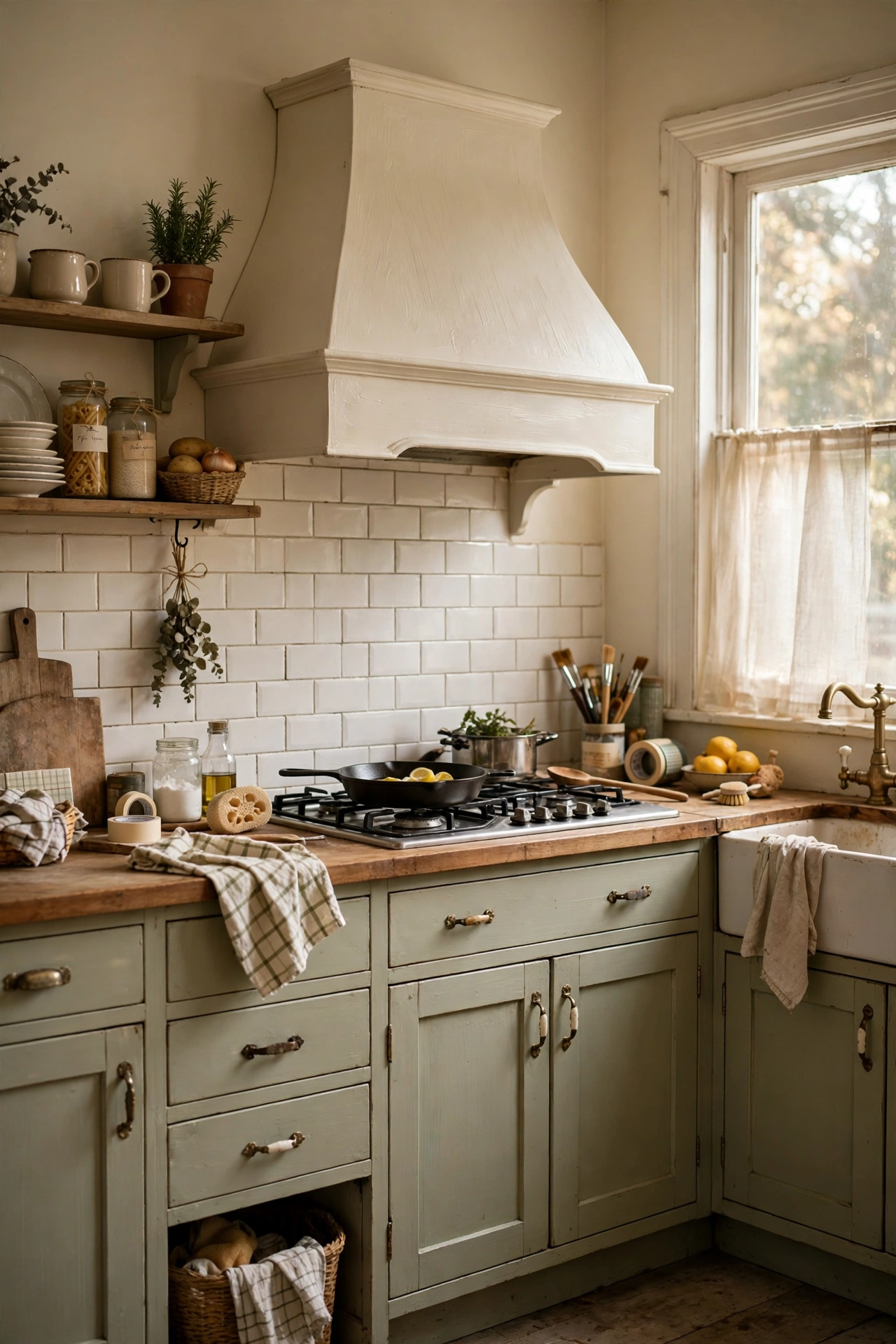 Wooden range hood cover painted warm white over a hob