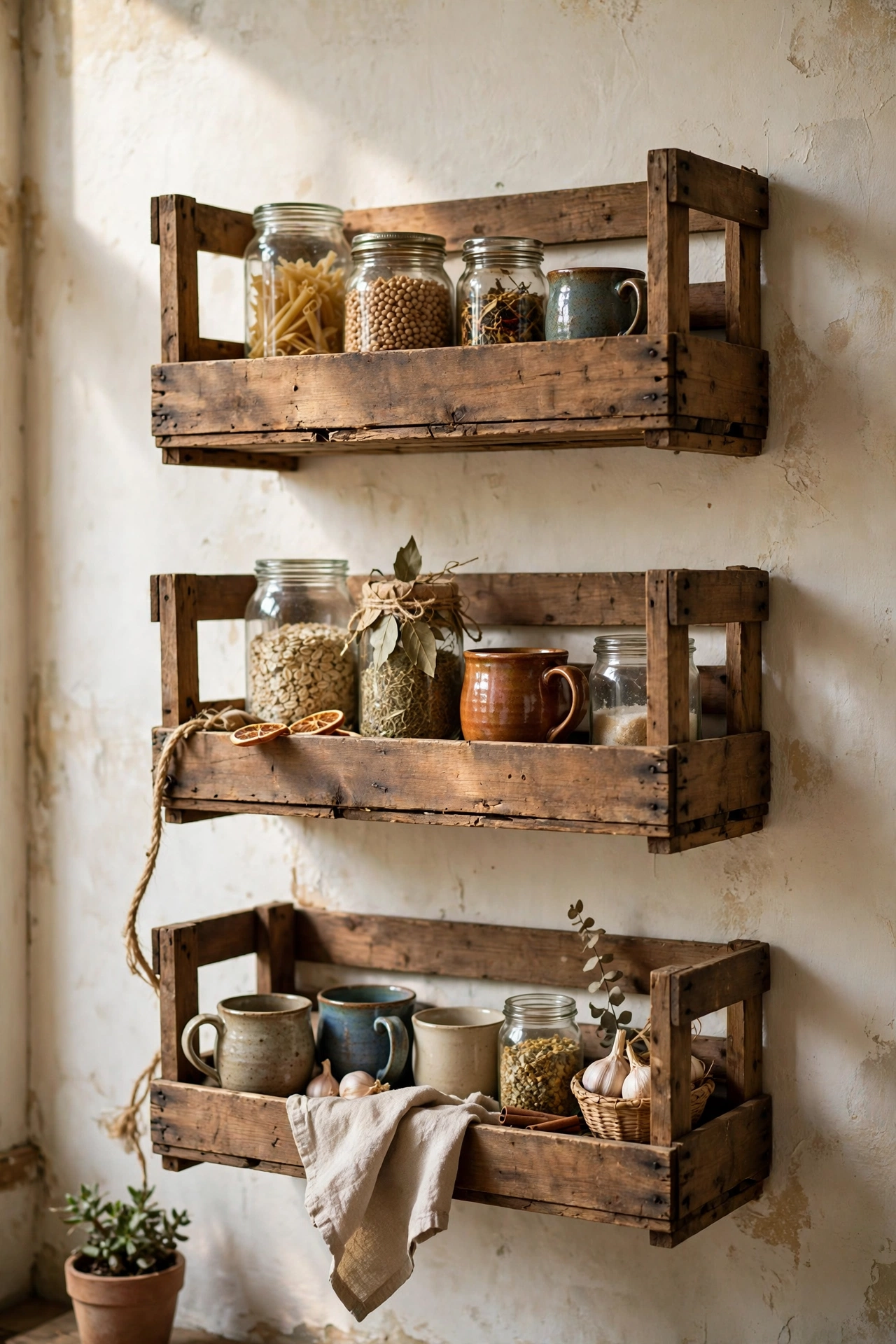 Wooden fruit crates mounted as open shelves on a kitchen wall