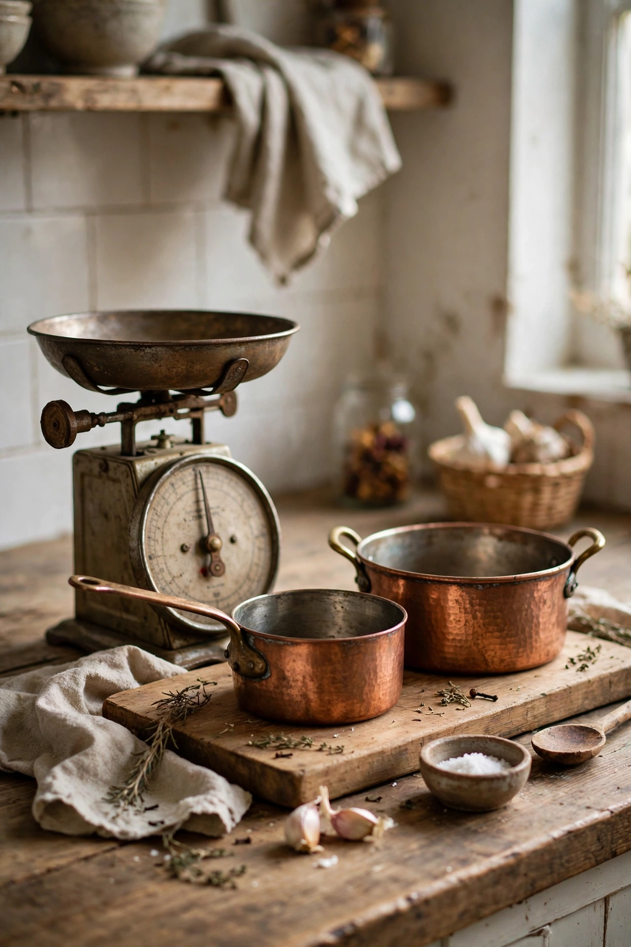 Vintage scale and copper pots styled as a vignette on a kitchen counter
