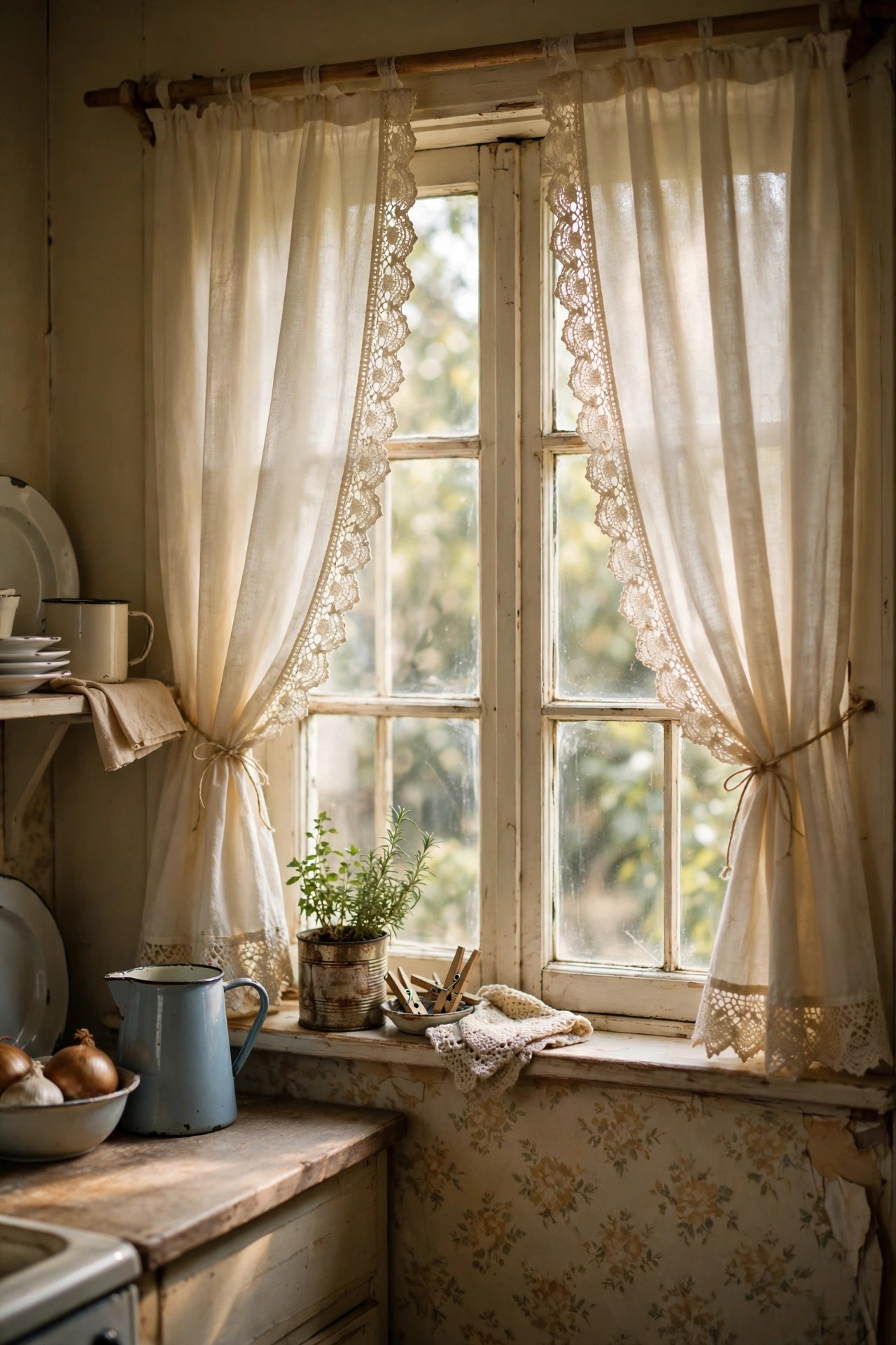 Cream cafe curtains with lace trim on a vintage kitchen window