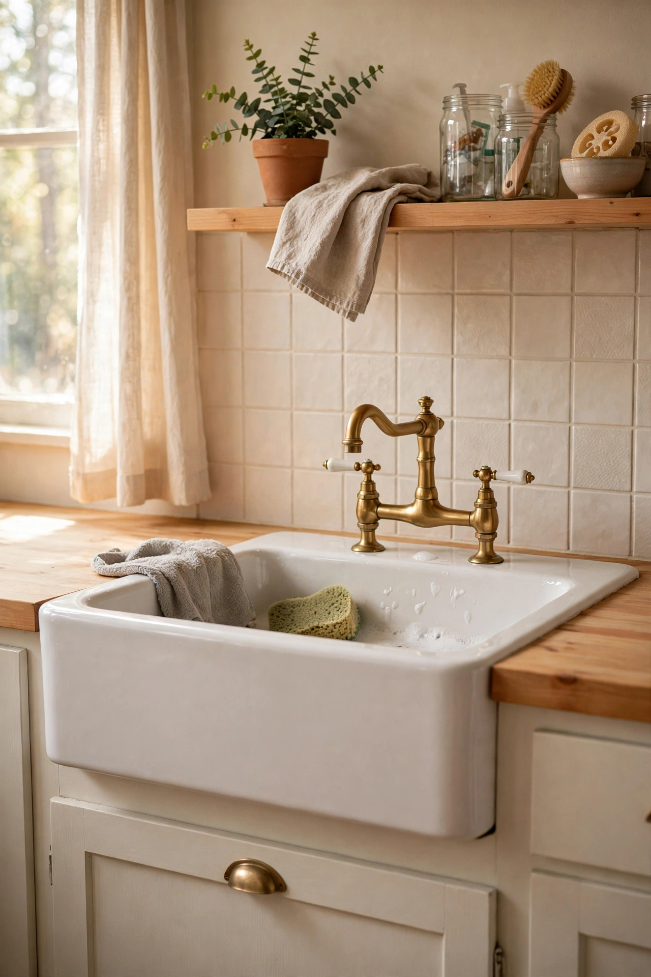 Vintage style bridge tap with porcelain handles on a kitchen sink
