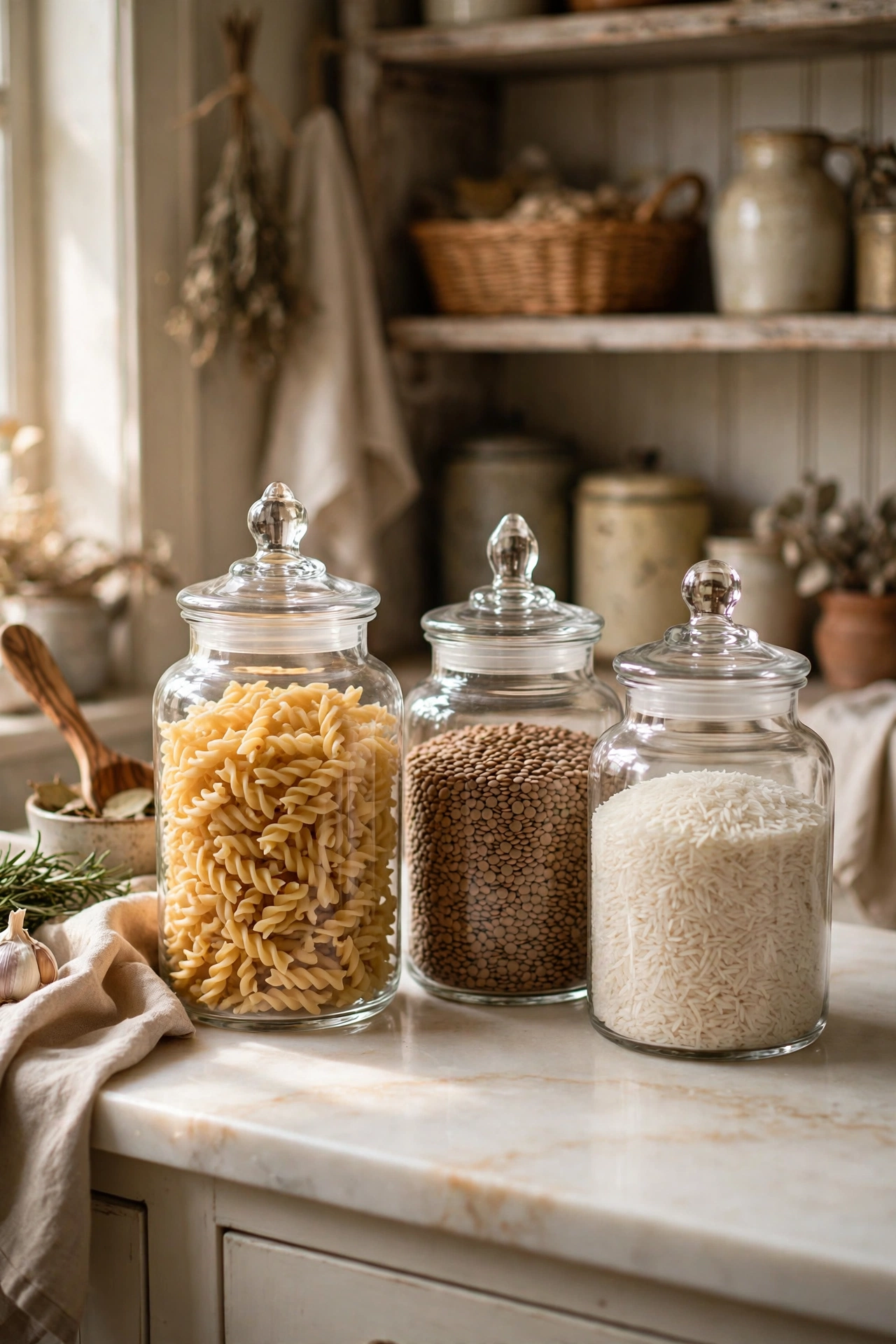 Glass apothecary jars filled with pasta and grains on a kitchen counter