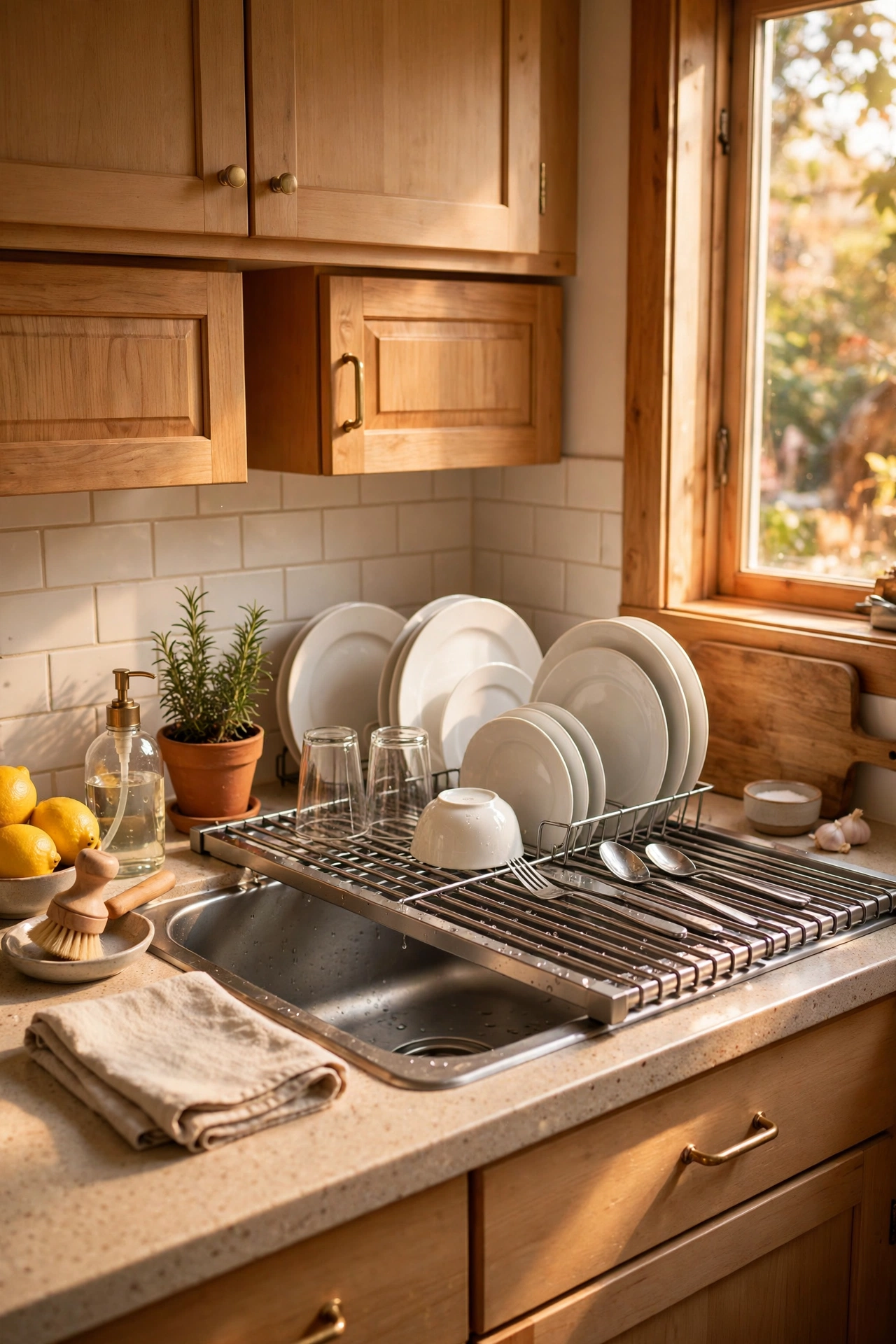 Over-the-sink roll-up dish drying rack in a small kitchen