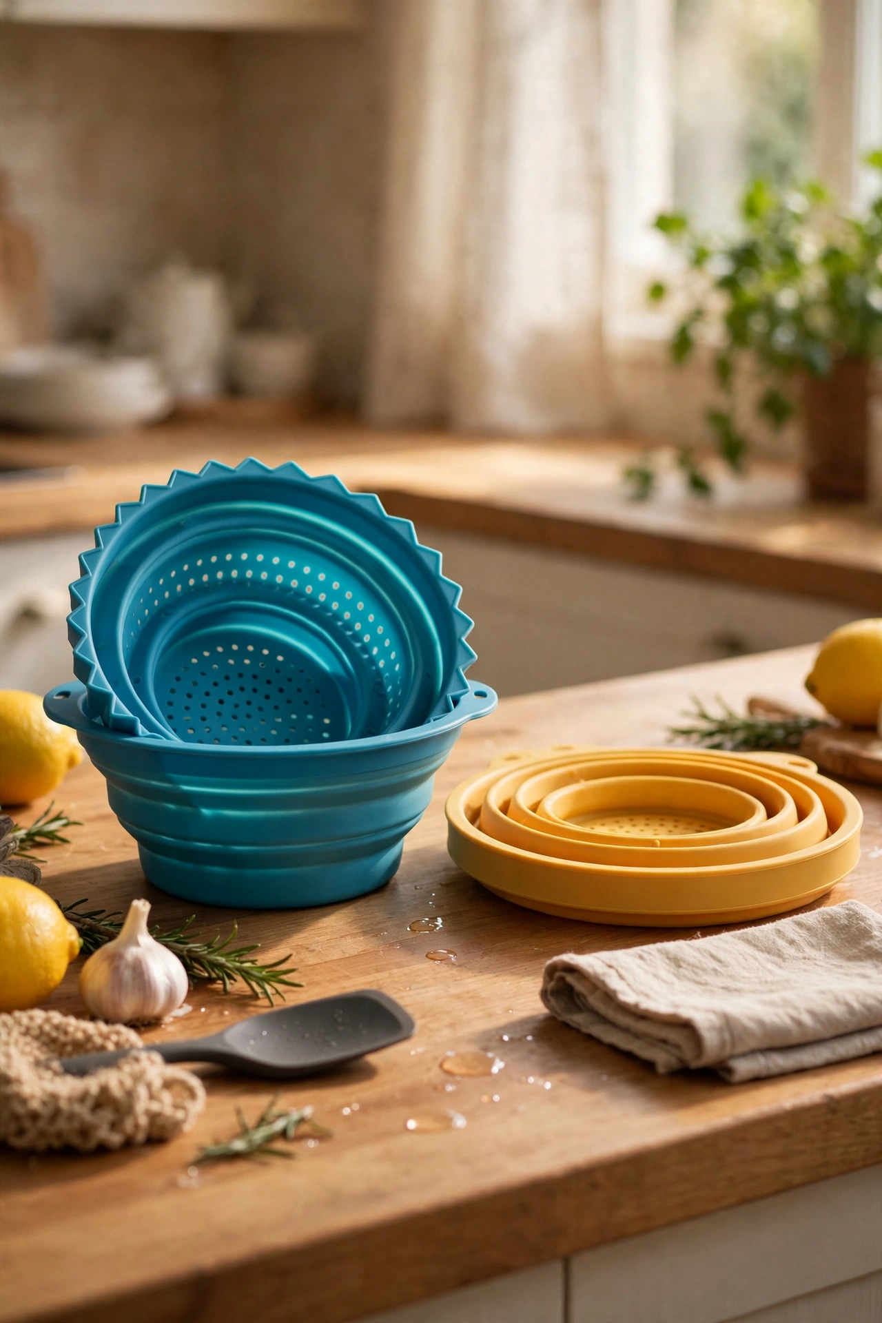 Collapsible silicone colanders folded flat in a small kitchen