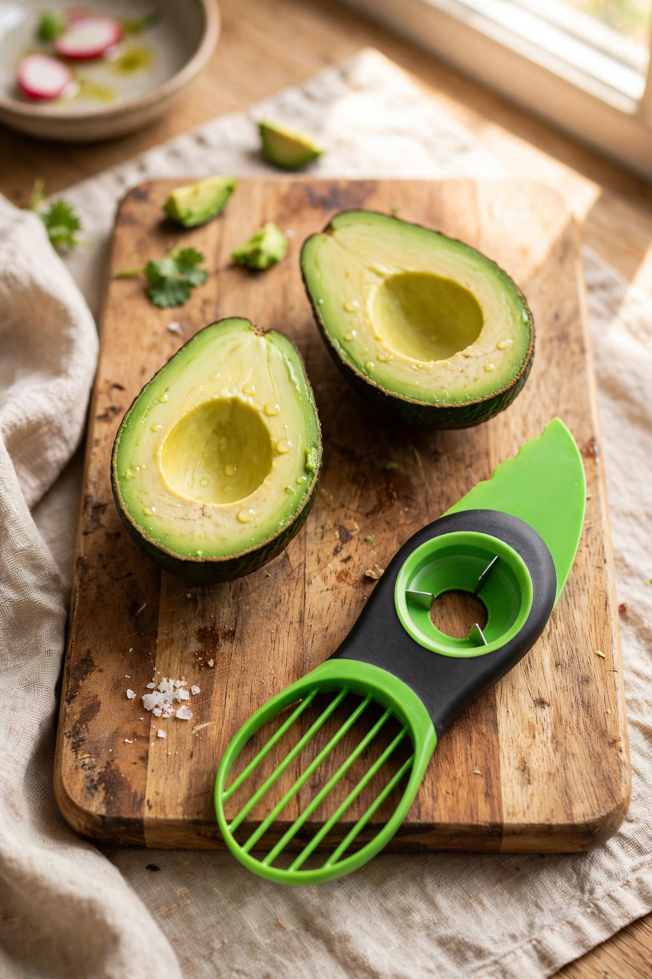 3-in-1 avocado slicer tool with avocado halves on a cutting board