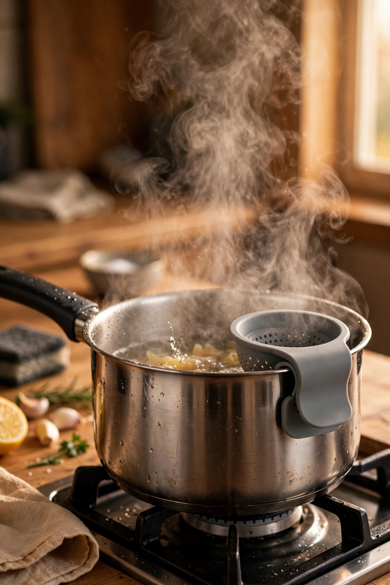 Clip-on silicone pot strainer attached to a saucepan
