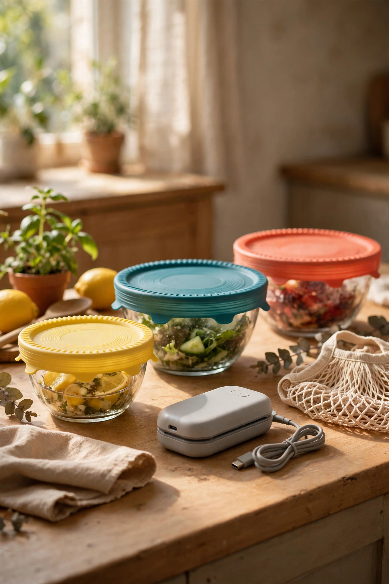 Silicone stretch lids sealing bowls of leftovers in a kitchen