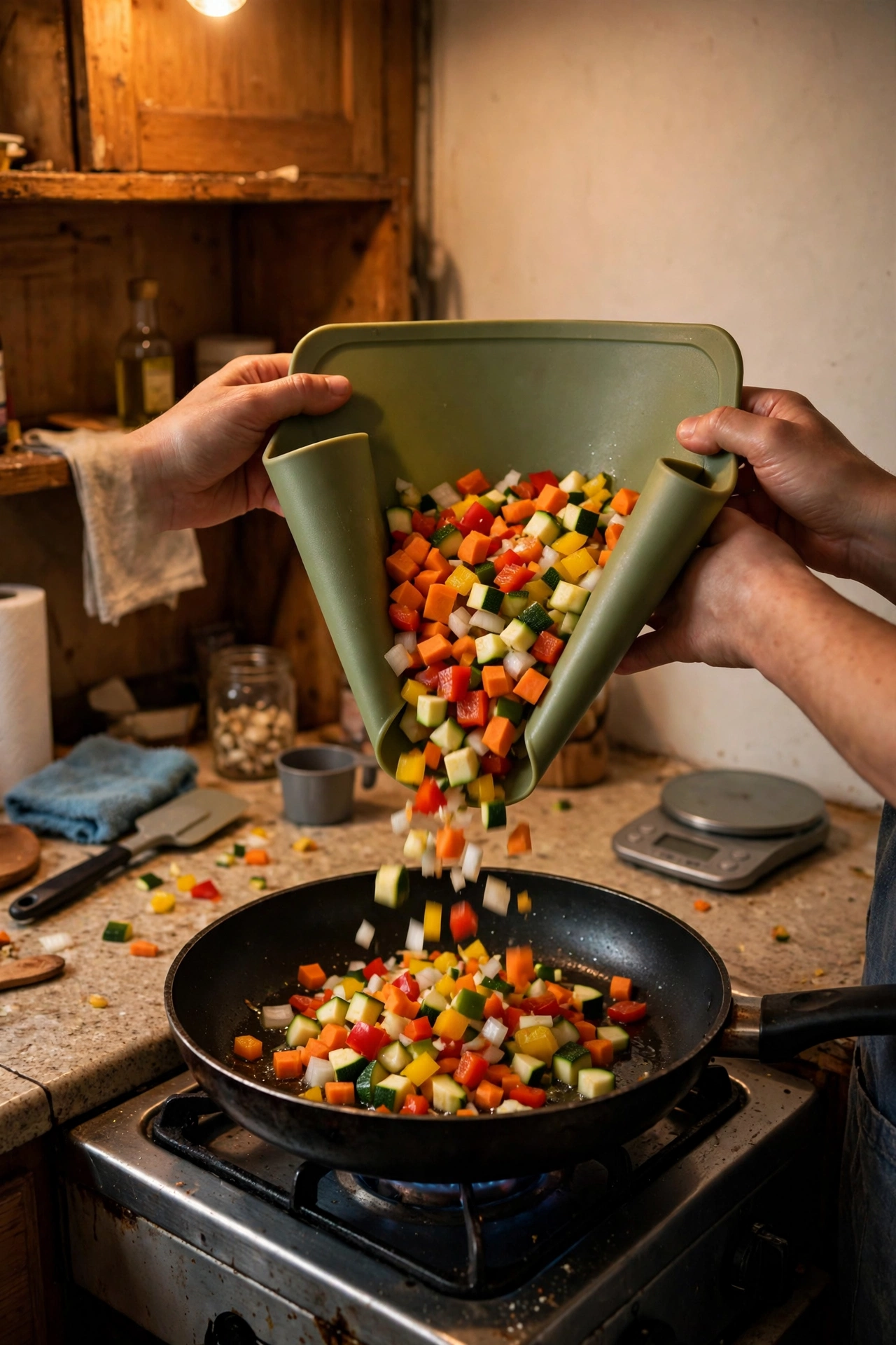 Foldable cutting board with funnel edge pouring chopped veg into a pan