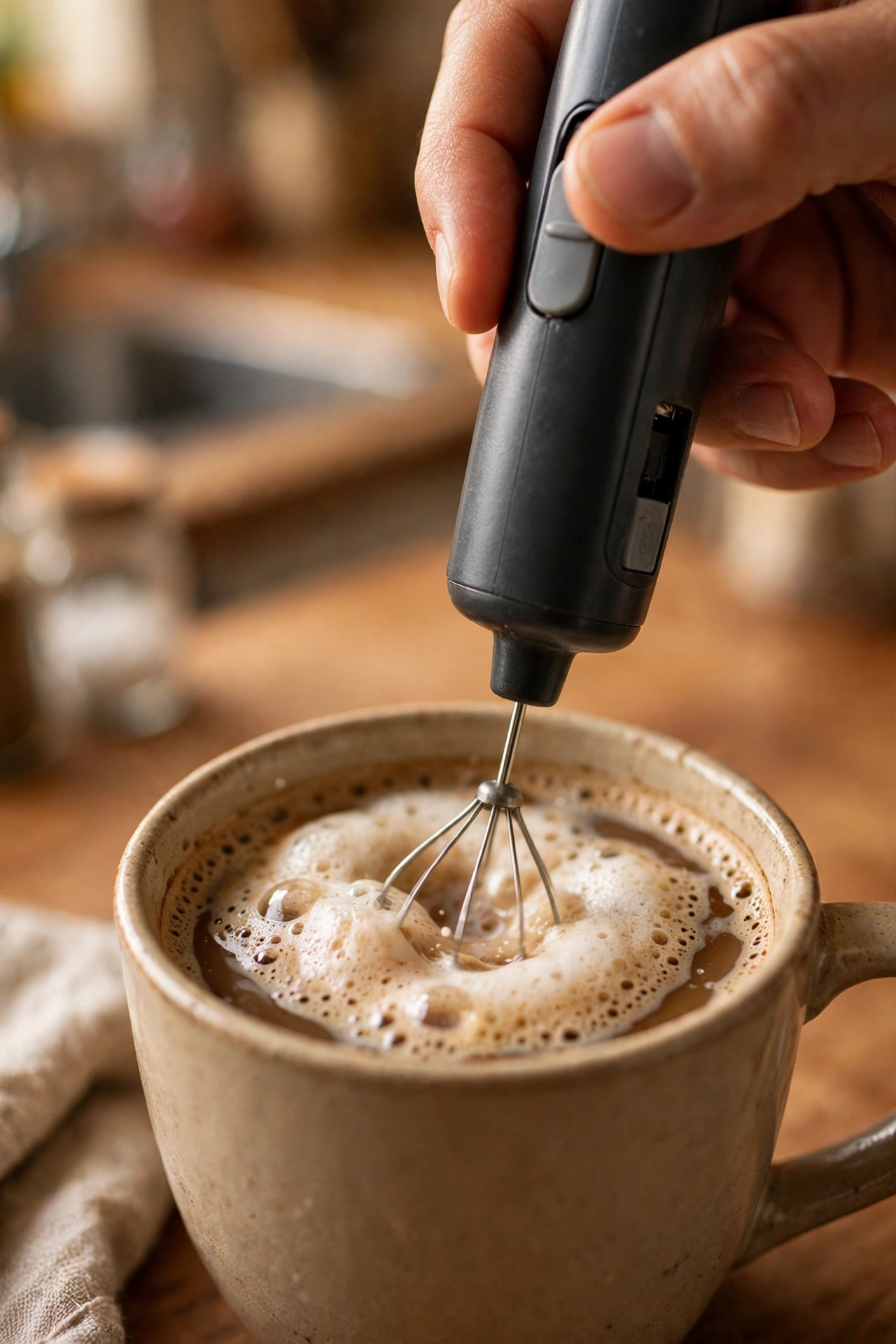Compact handheld milk frother frothing milk in a mug