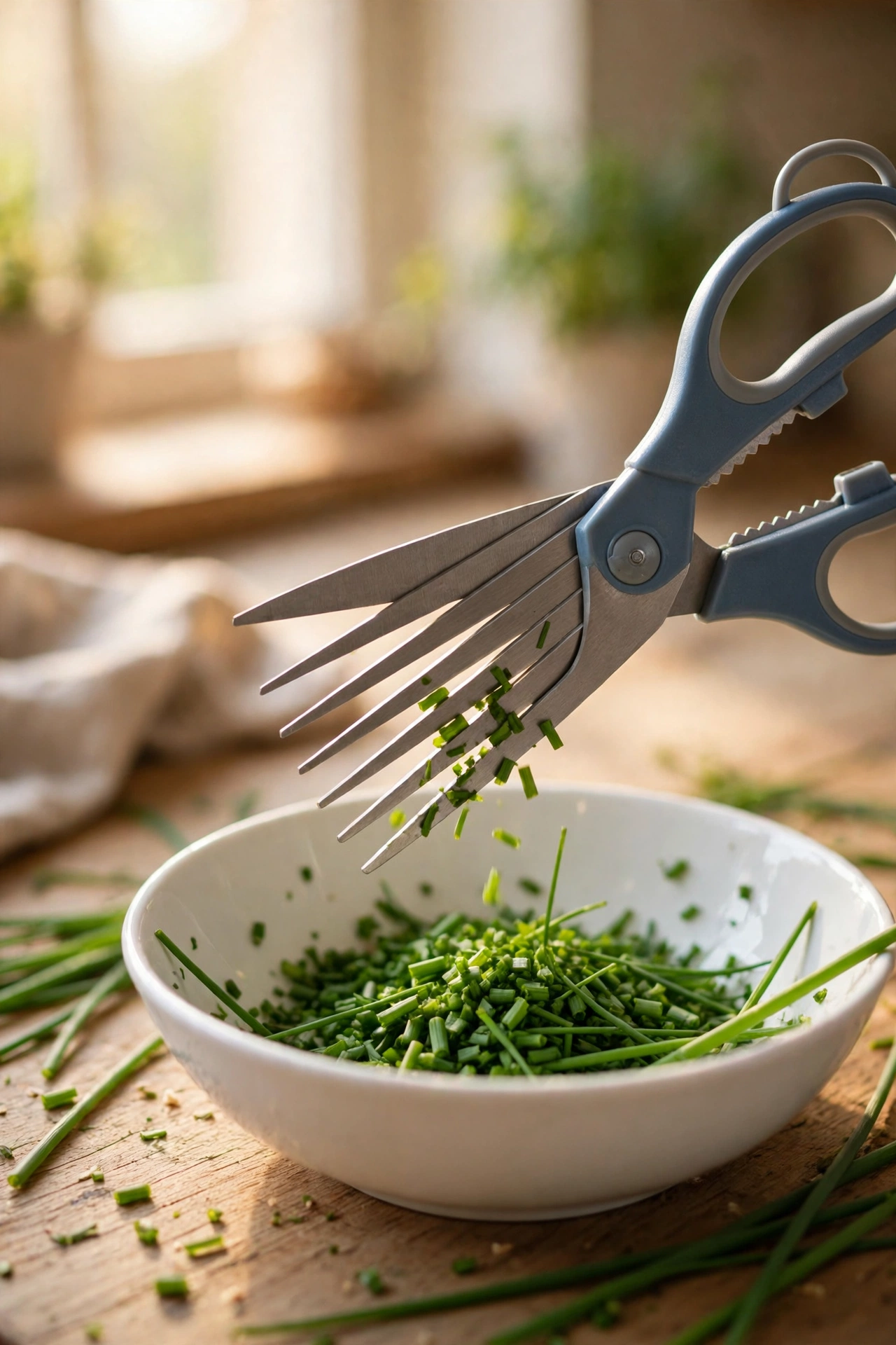 Five-blade herb scissors mincing fresh chives over a bowl