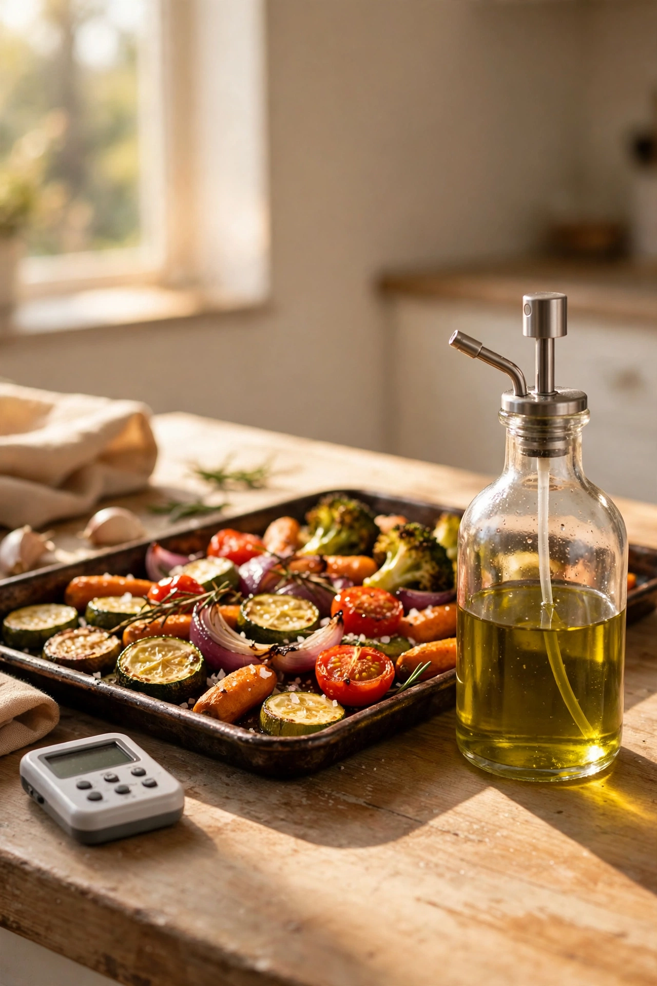 Refillable oil mister spray bottle beside a roasting tray