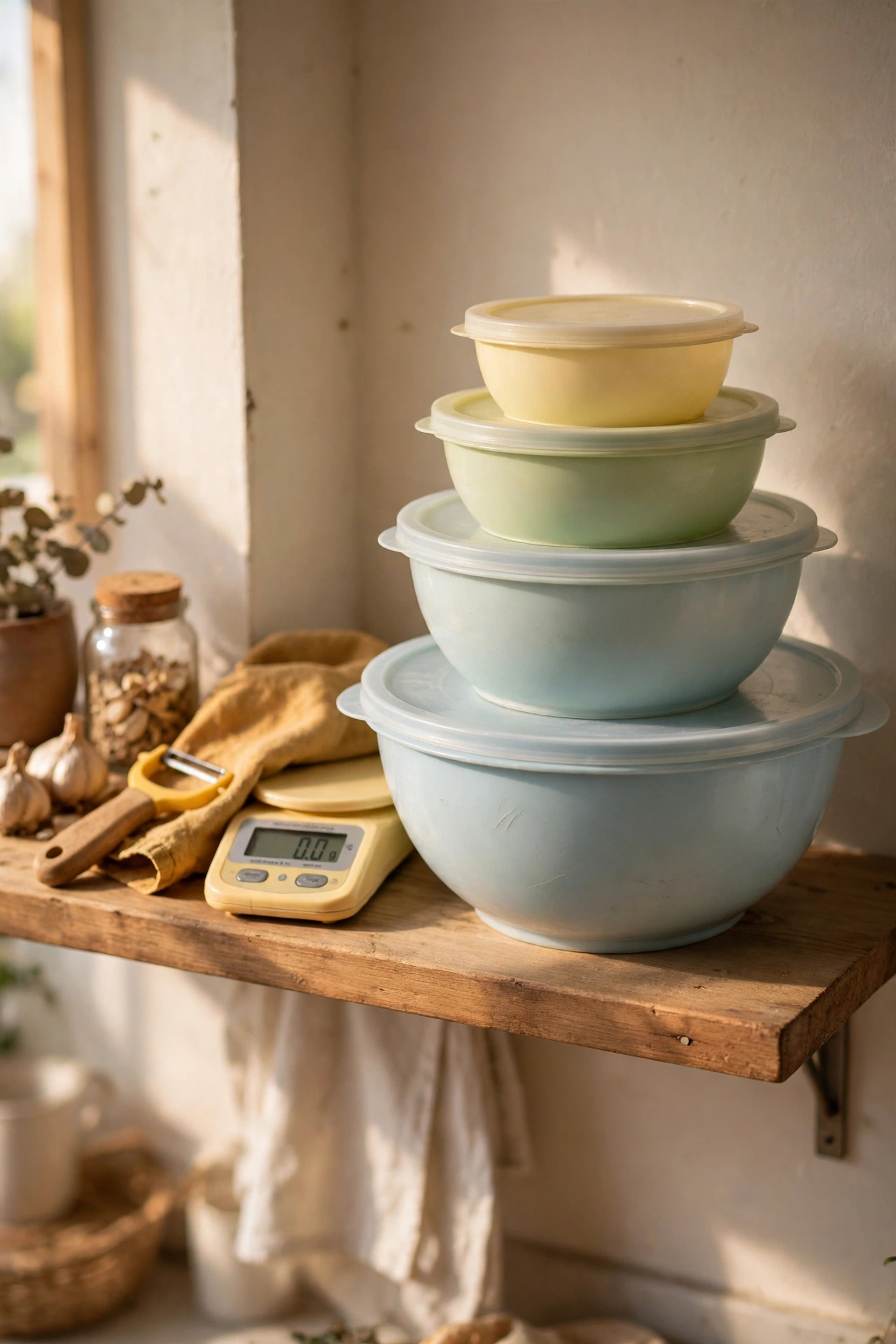Nesting mixing bowls with lids stacked on a kitchen shelf