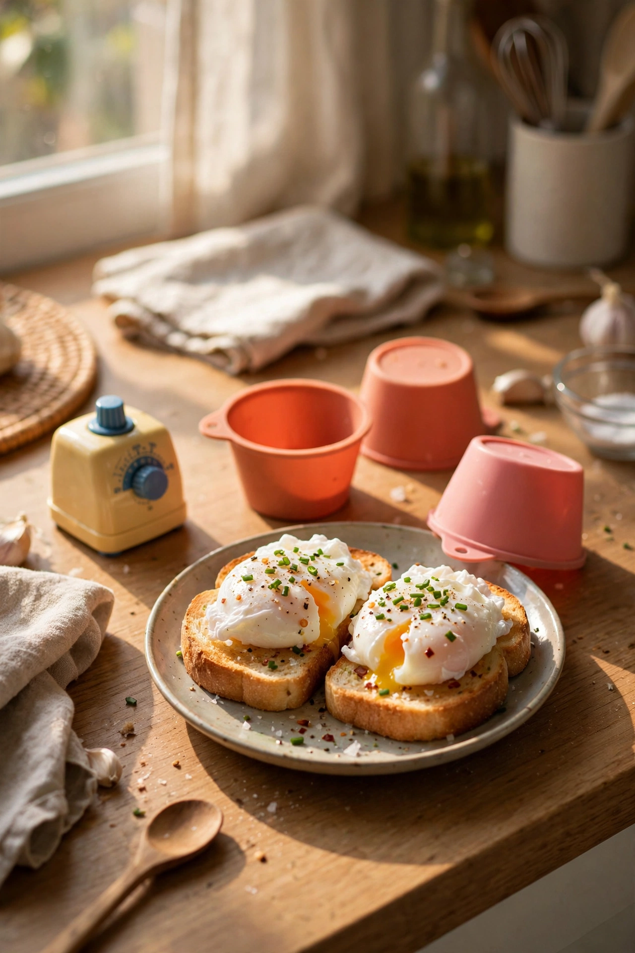 Microwave egg poacher cups with poached eggs on toast