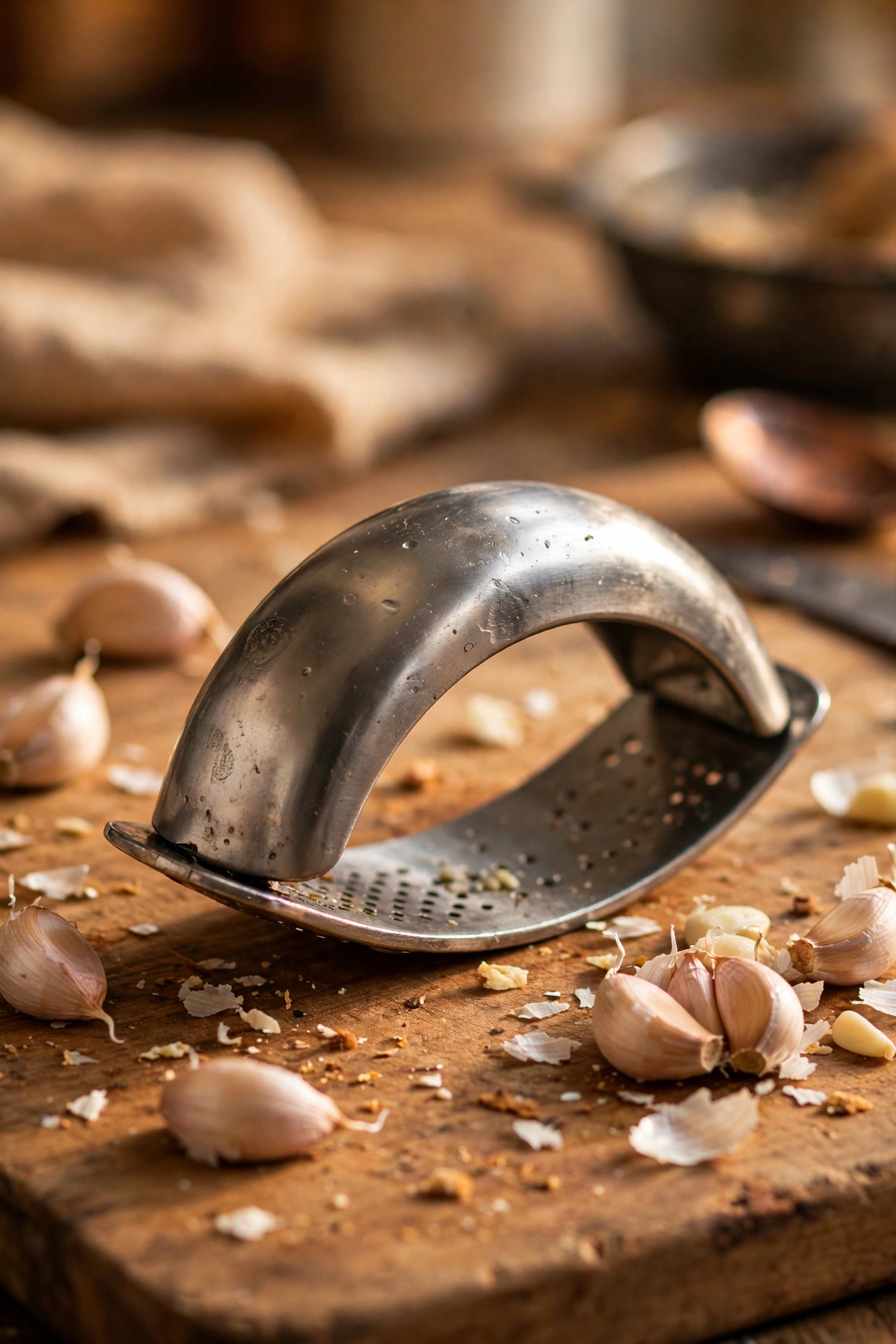 Curved garlic press rocker crushing garlic on a chopping board