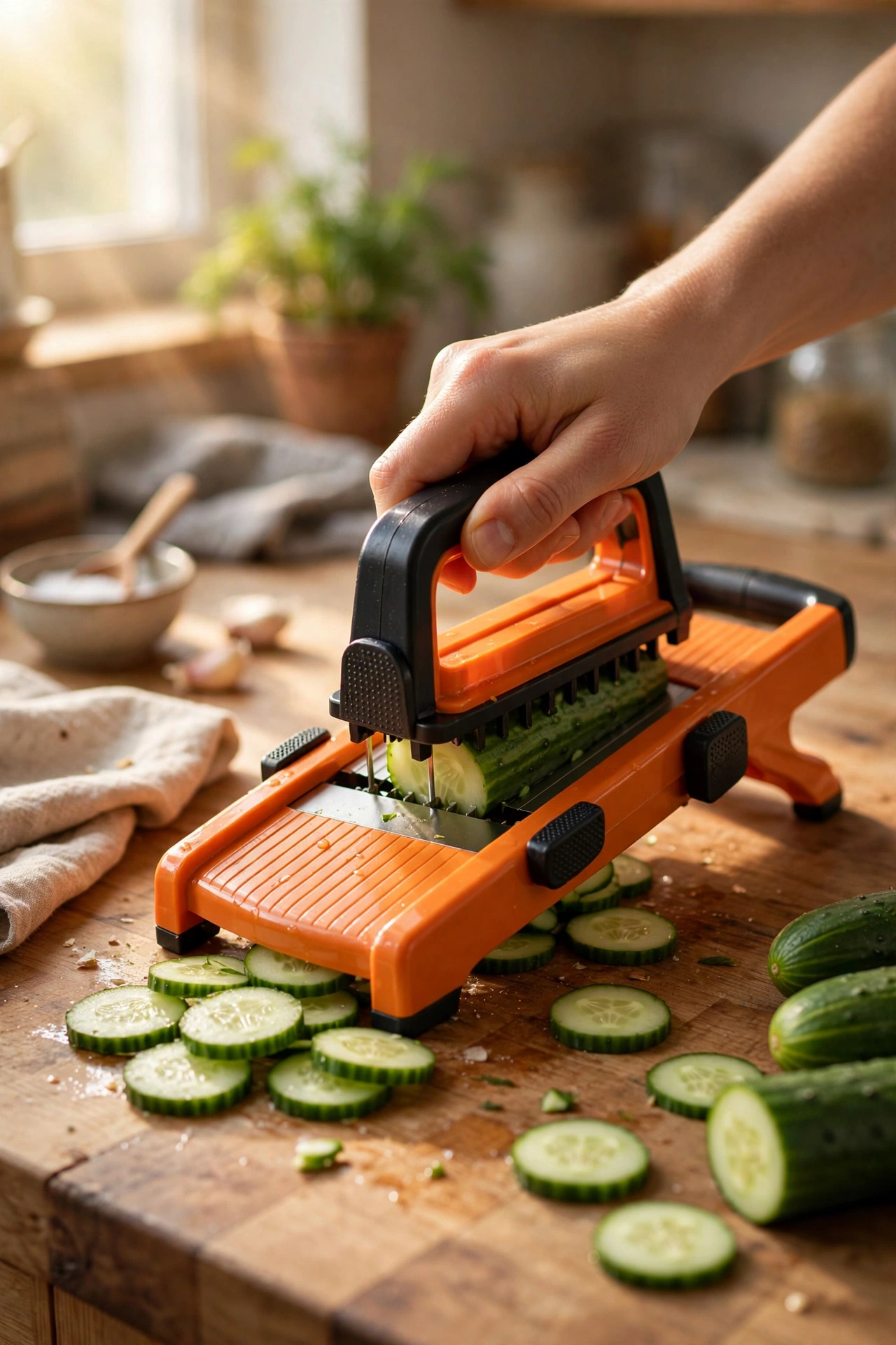 Compact mandoline slicer with safety guard slicing cucumber