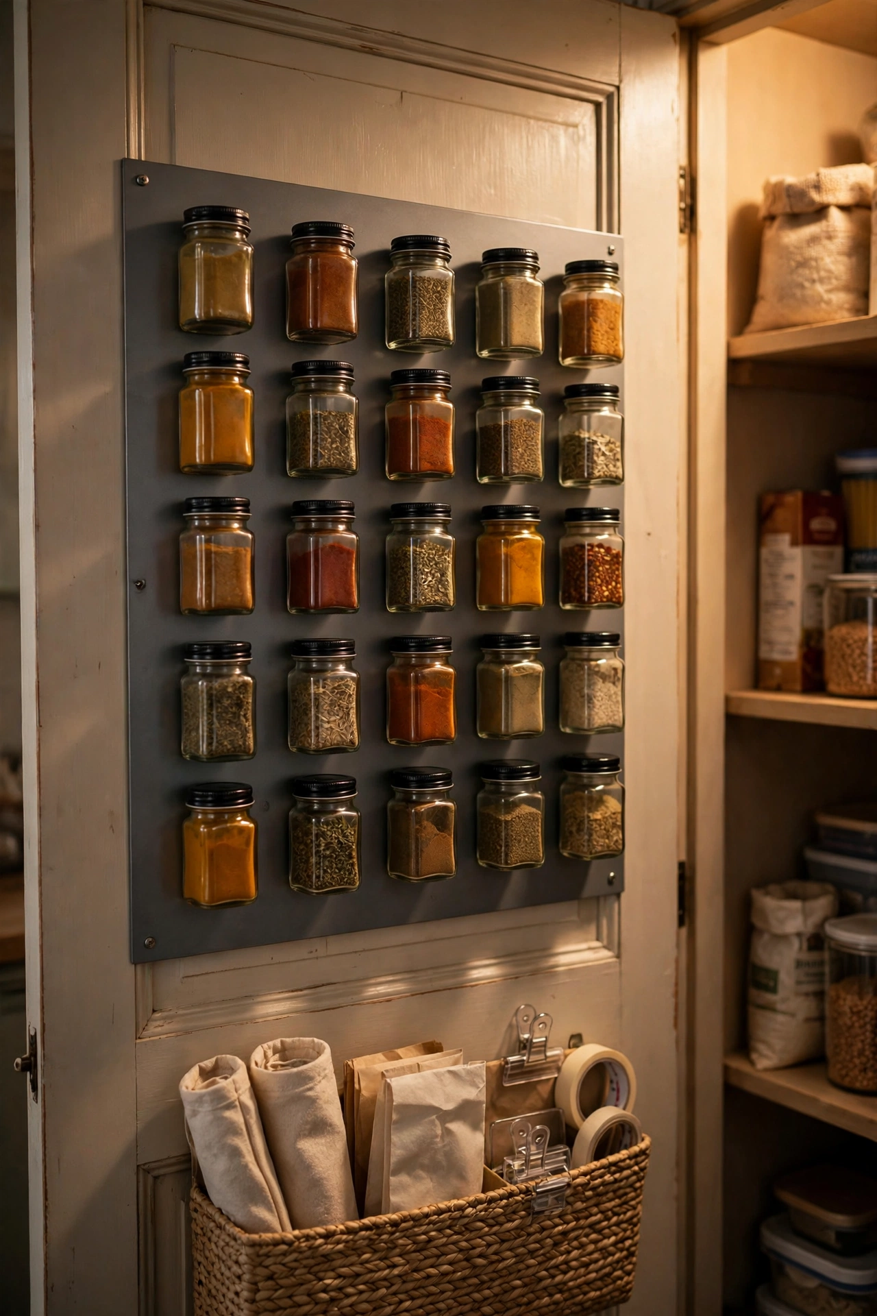 Magnetic spice jars stuck to a metal board on a pantry door