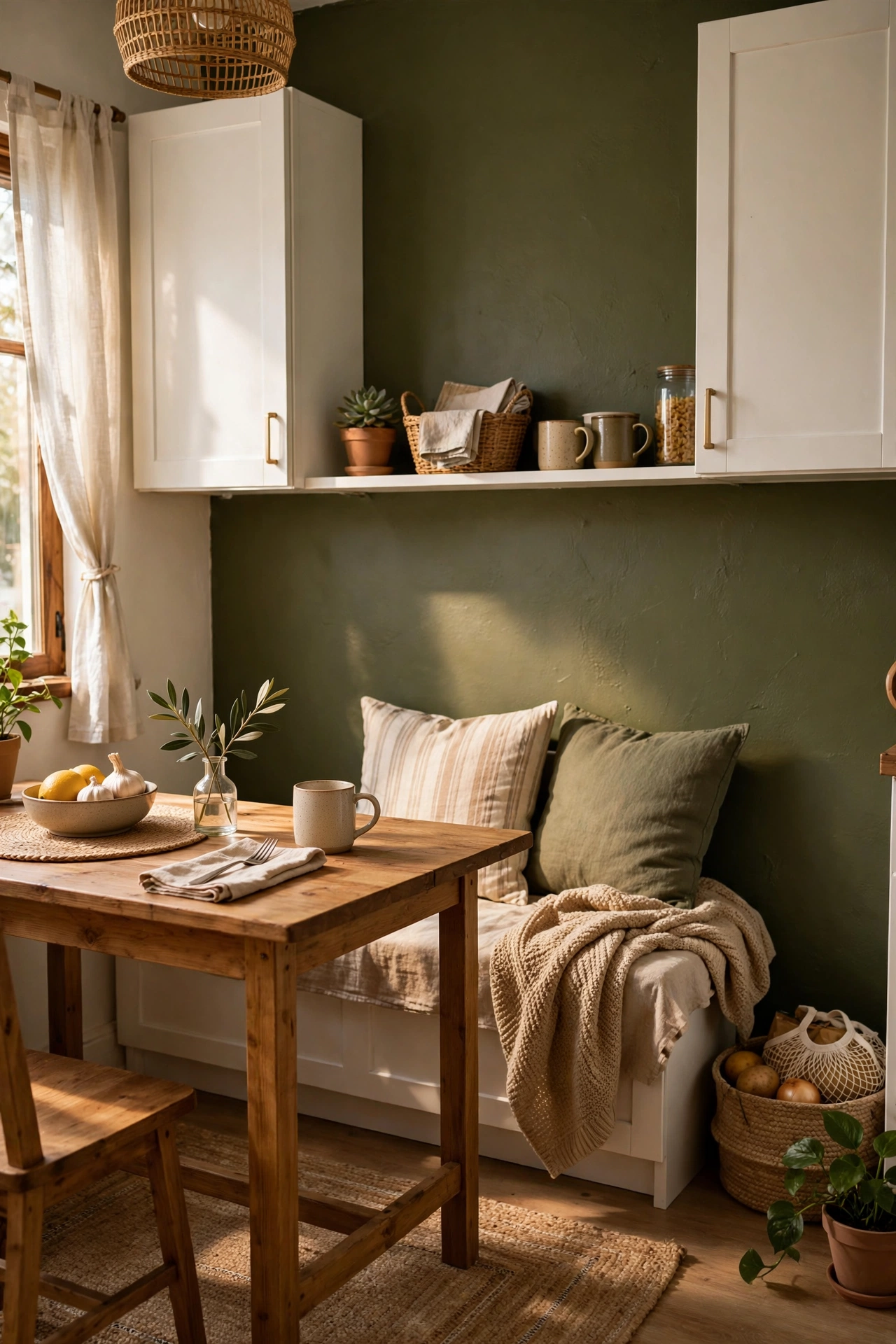 Olive green kitchen idea: olive accent wall behind a dining nook