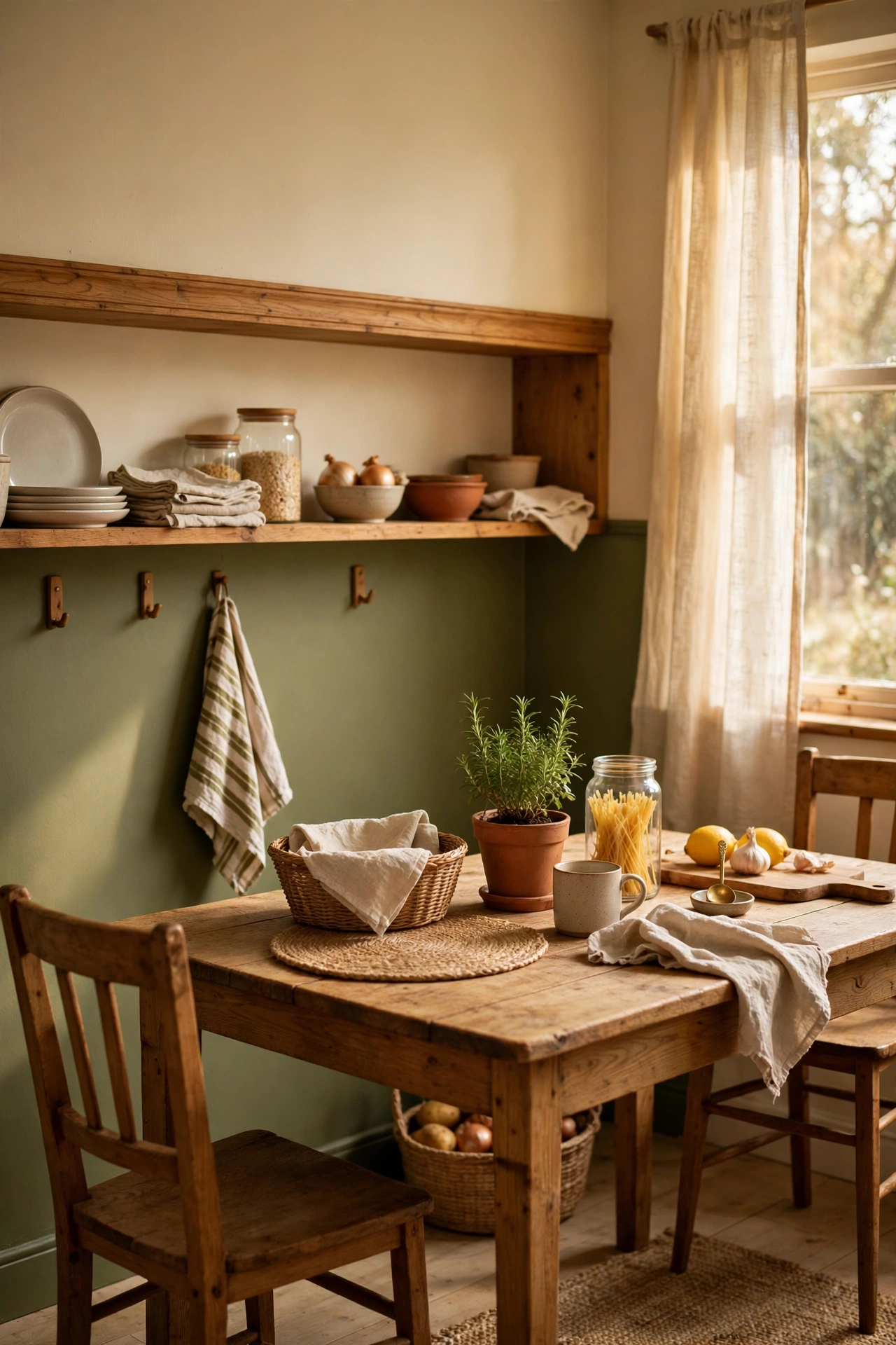 Colour-blocked kitchen wall olive green below and cream above