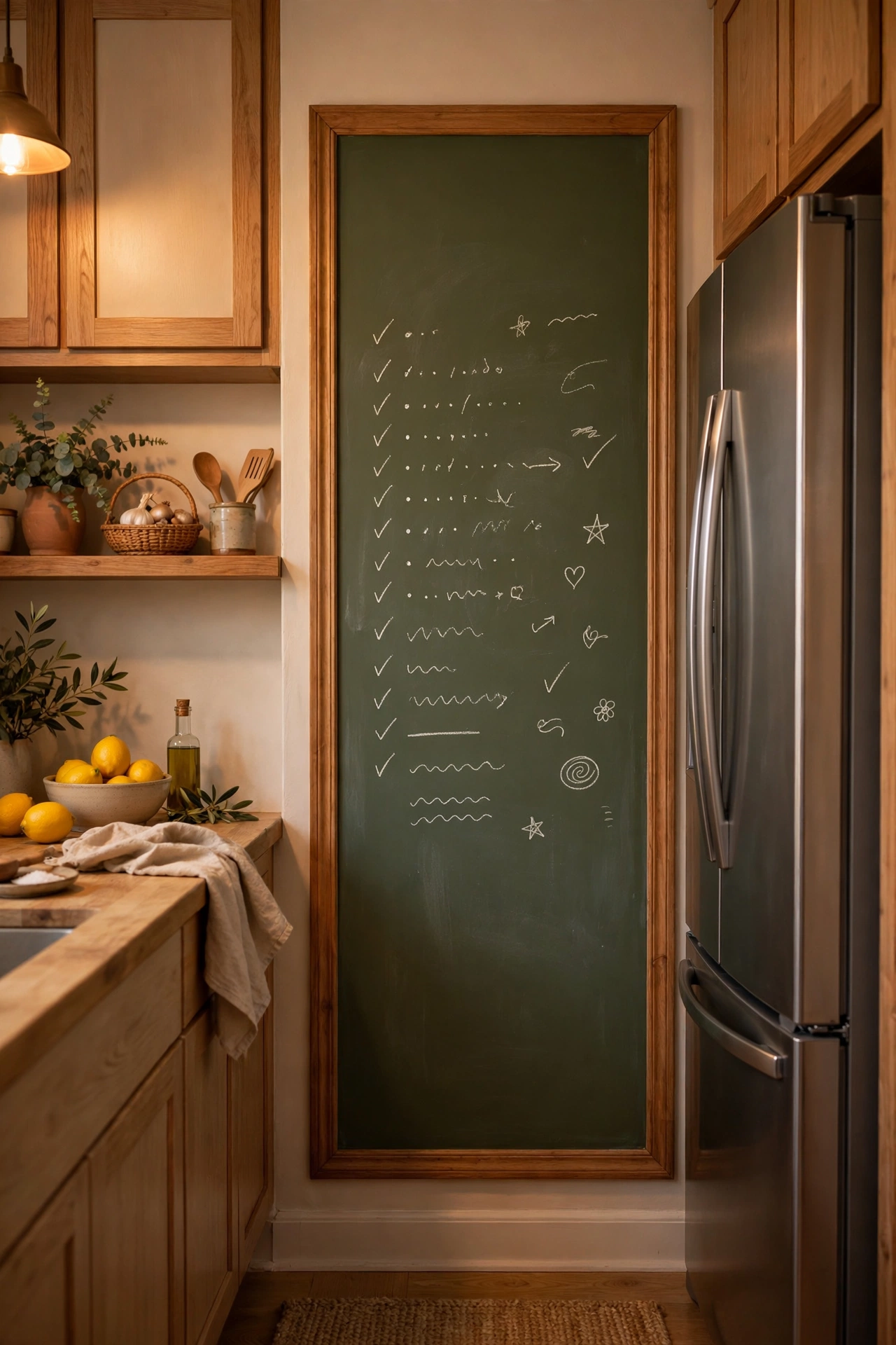 Olive green chalkboard paint panel beside a fridge with menu notes