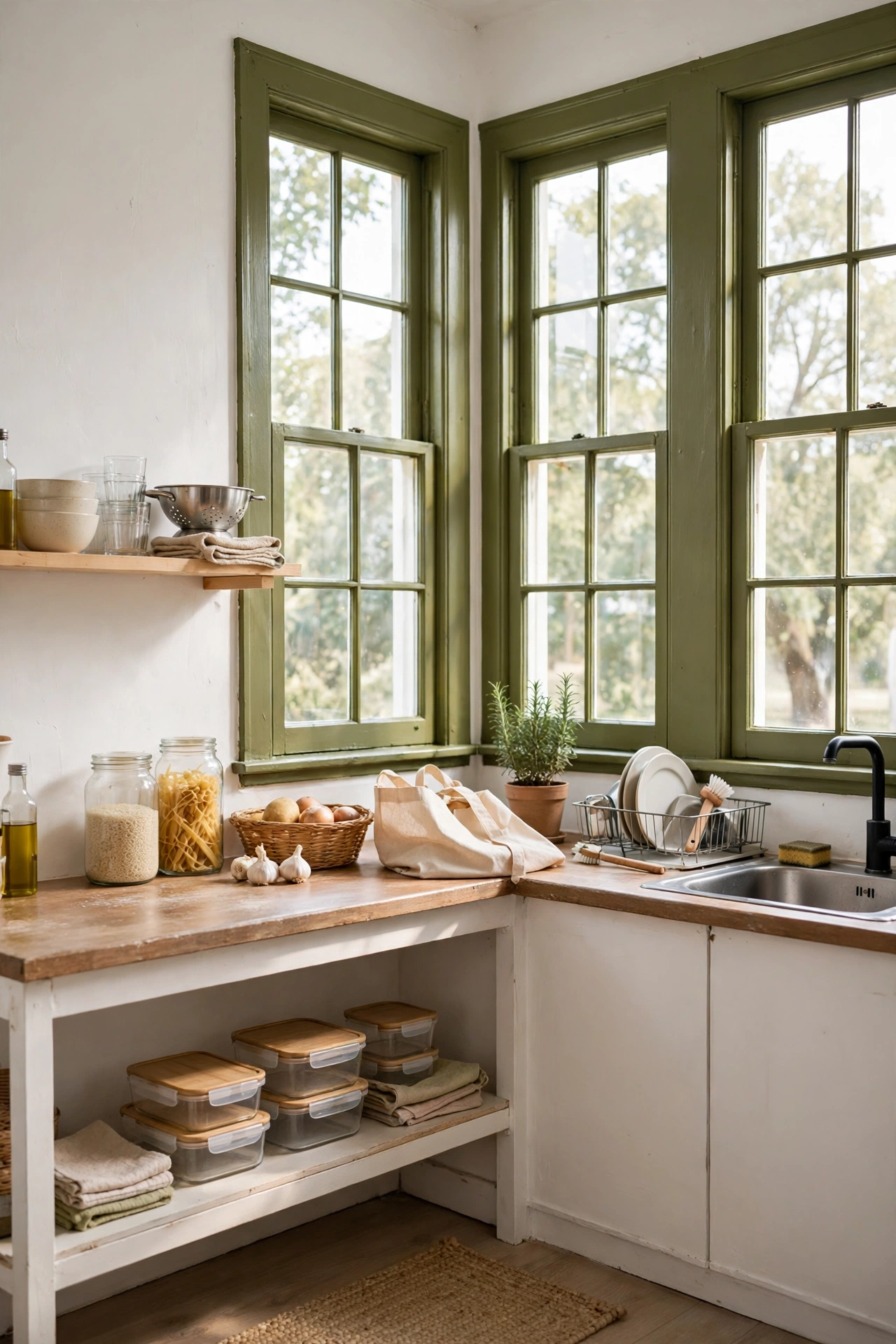 Kitchen window frames painted olive green with white walls