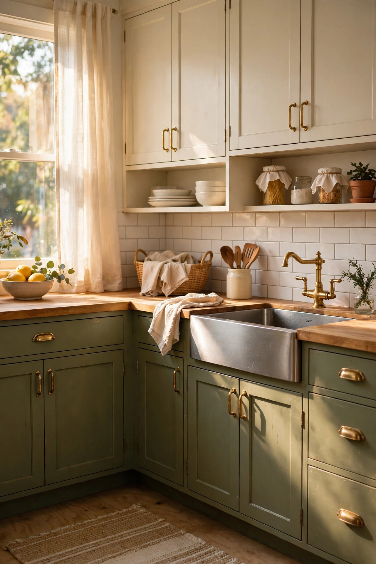 Two-tone kitchen with olive green lower cabinets and cream uppers